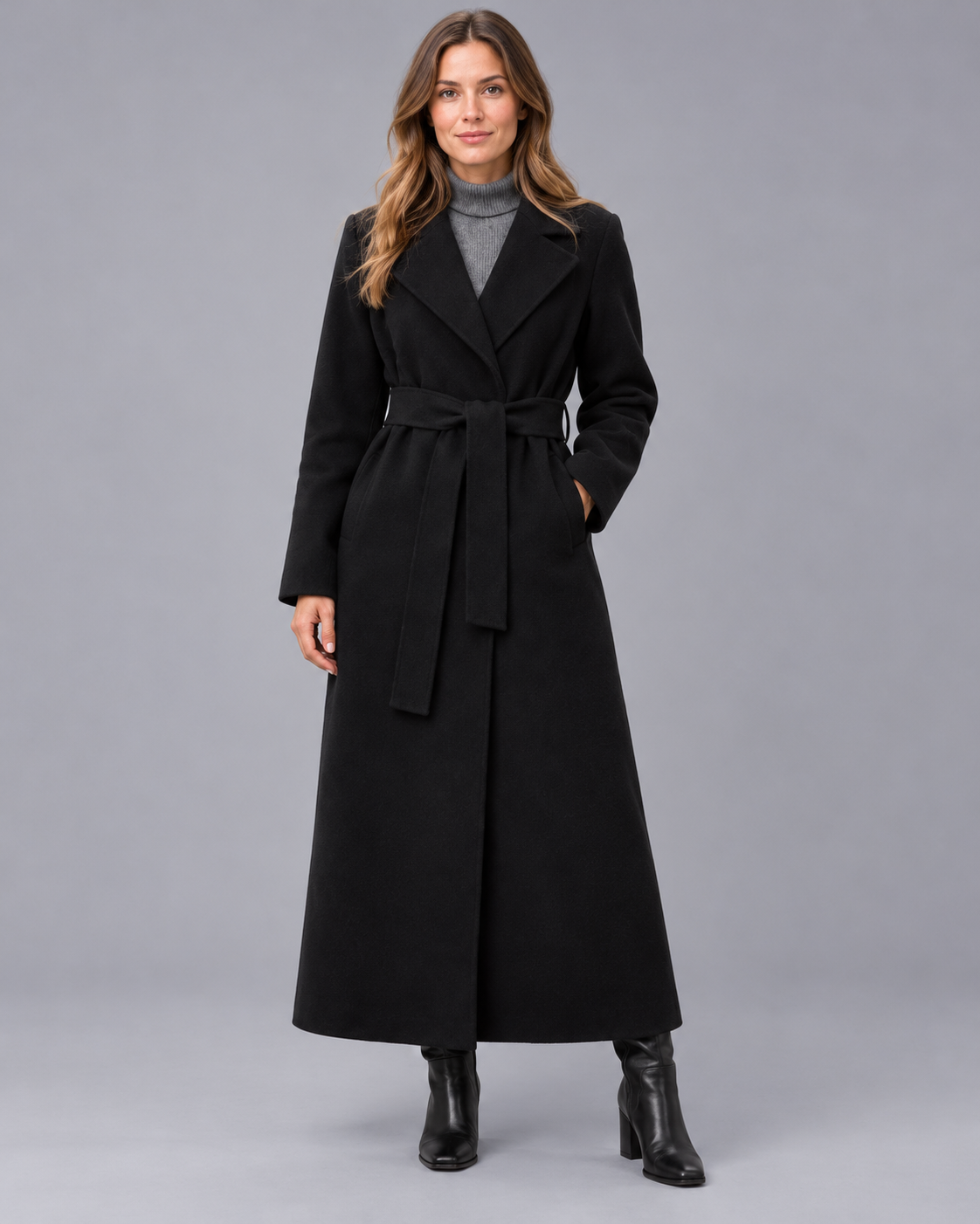 Women's Belted Wrap Coat – Longline Winter Coat, Lapel Collar