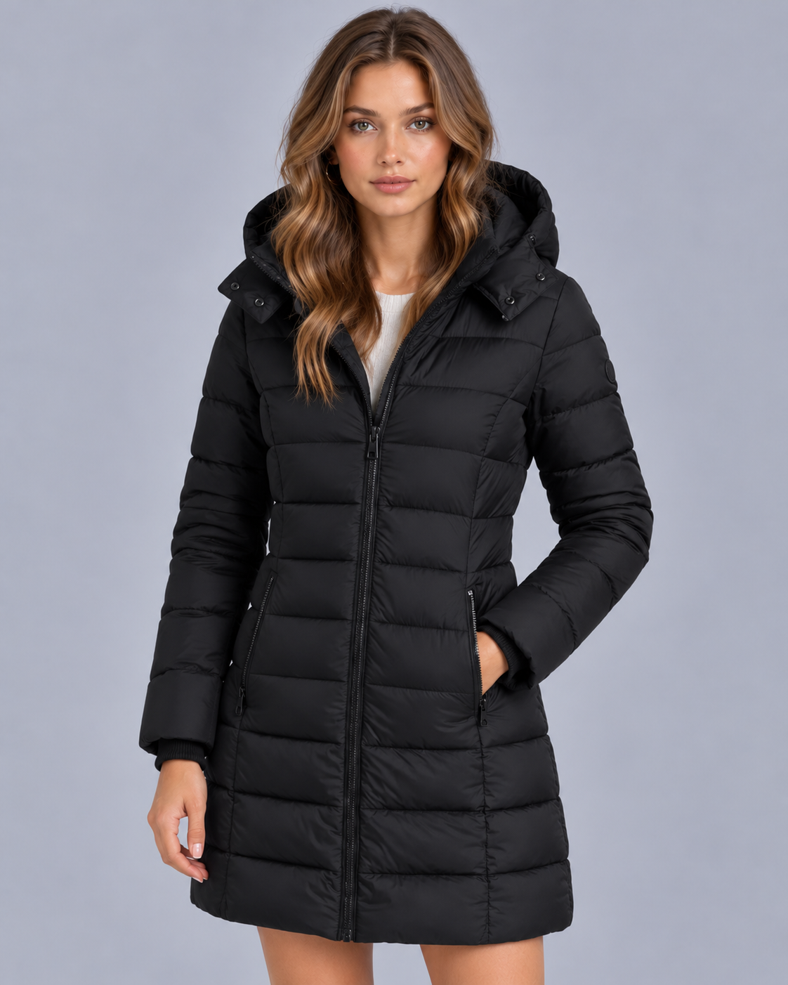 Women's Hooded Puffer Jacket with Zip Front