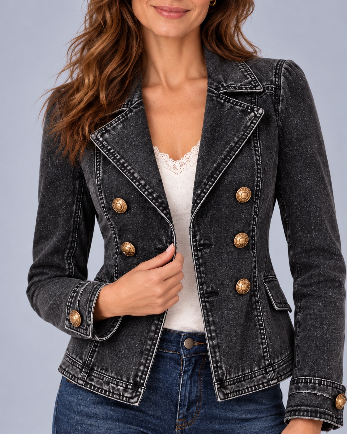 Women's Double Breasted Denim-Look Blazer