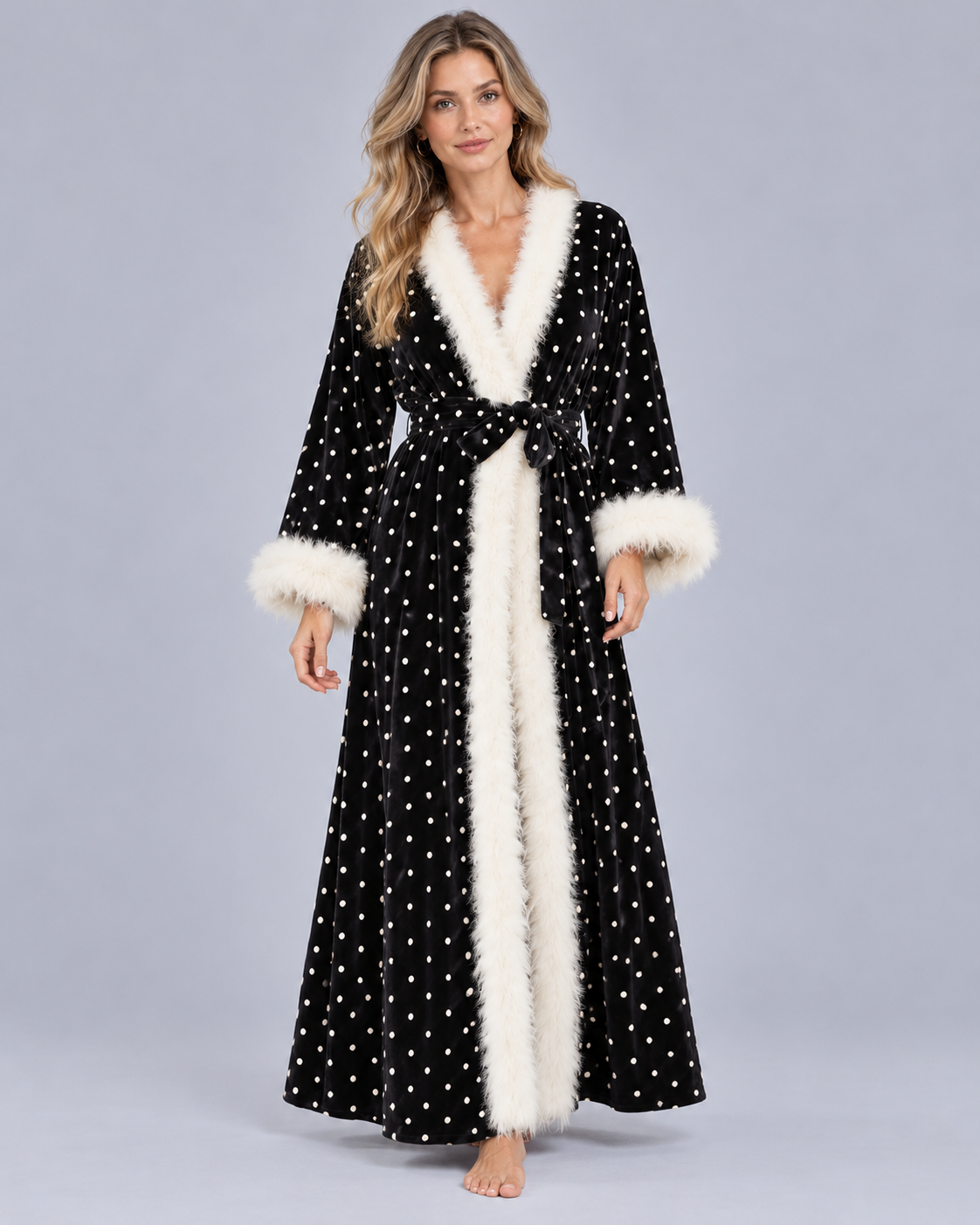 Women's Velvet Dressing Gown with Feather-Style Trim
