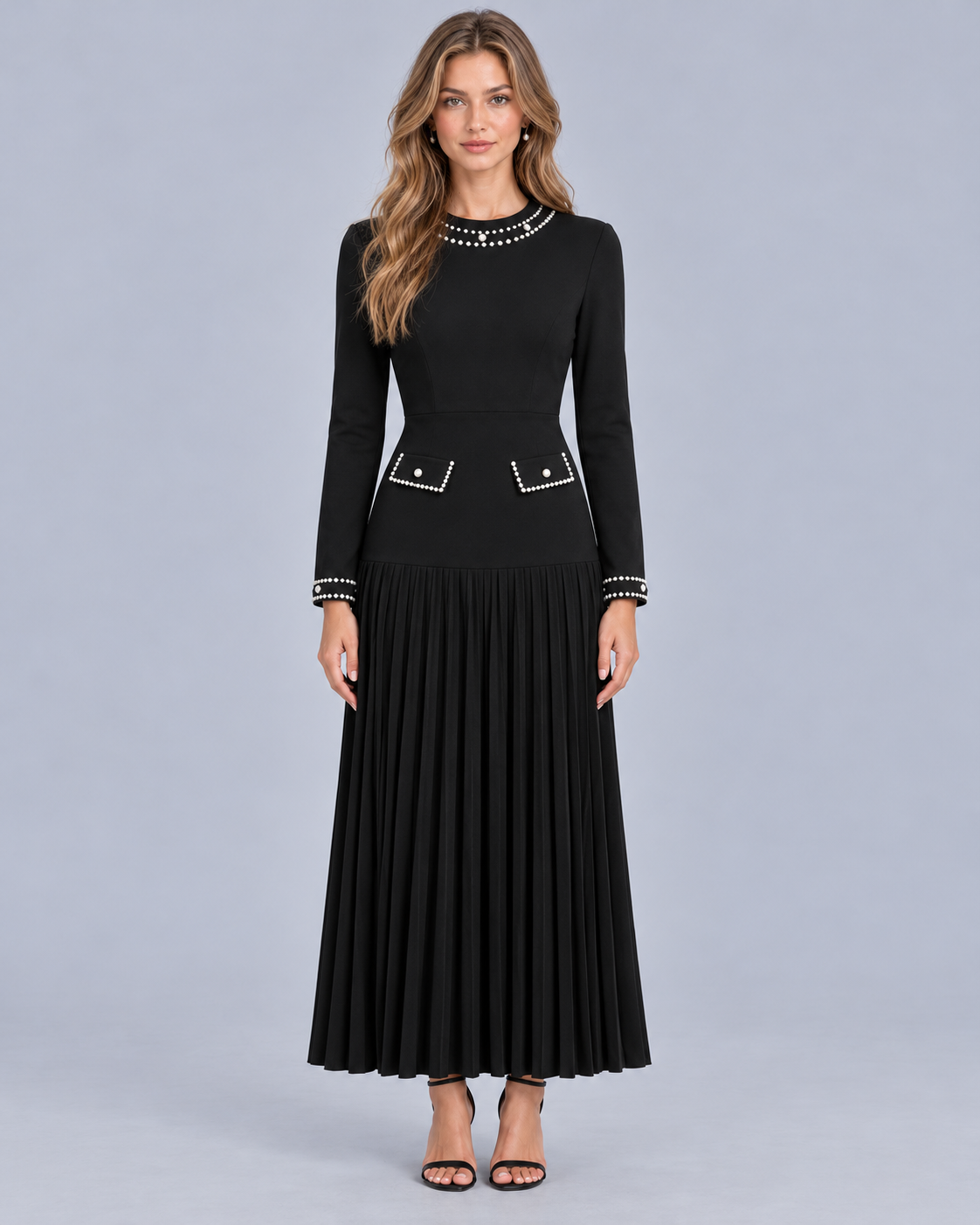 Women's Pleated Maxi Dress with Pearl Trim