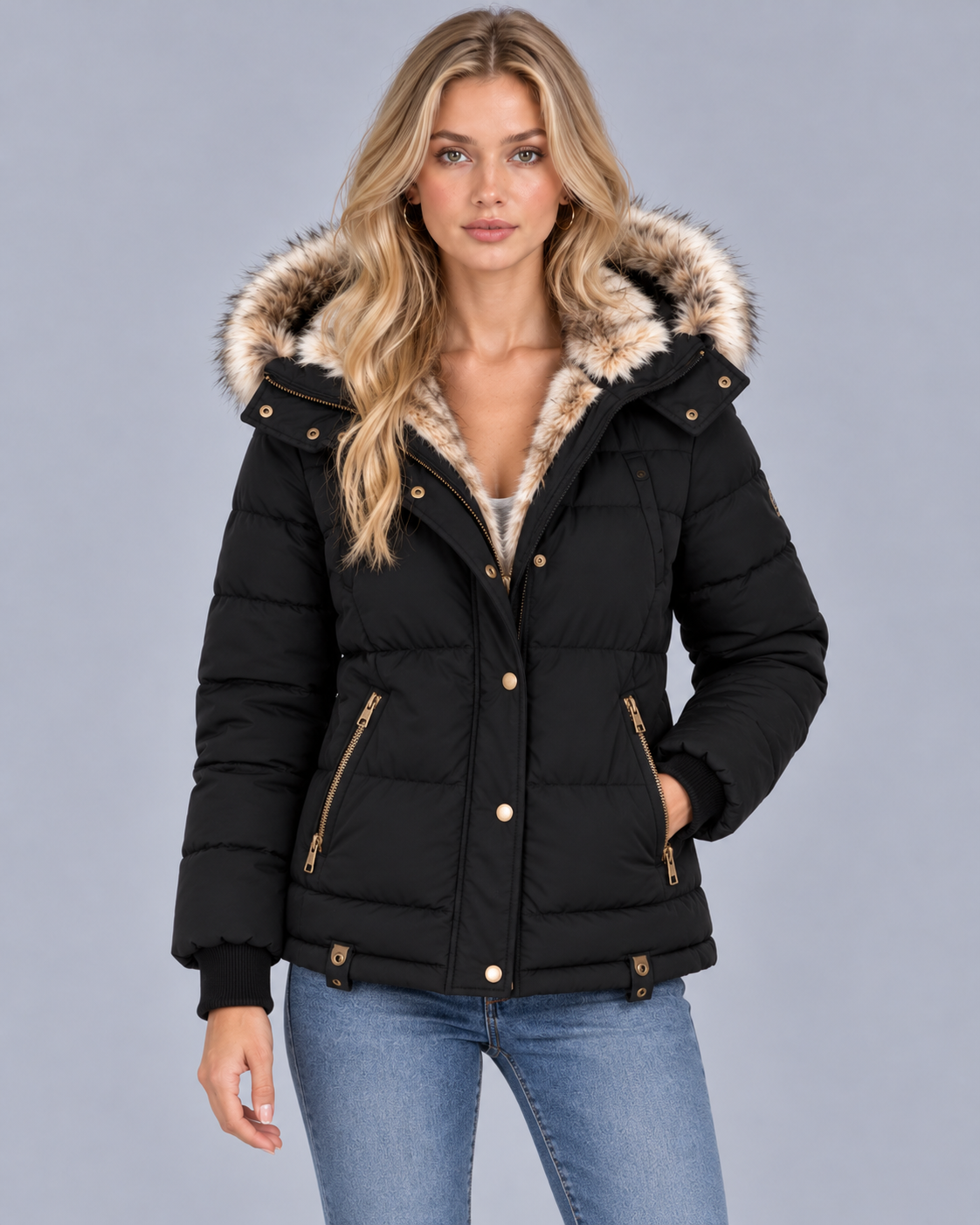 Women's Quilted Jacket with Faux Fur Hood