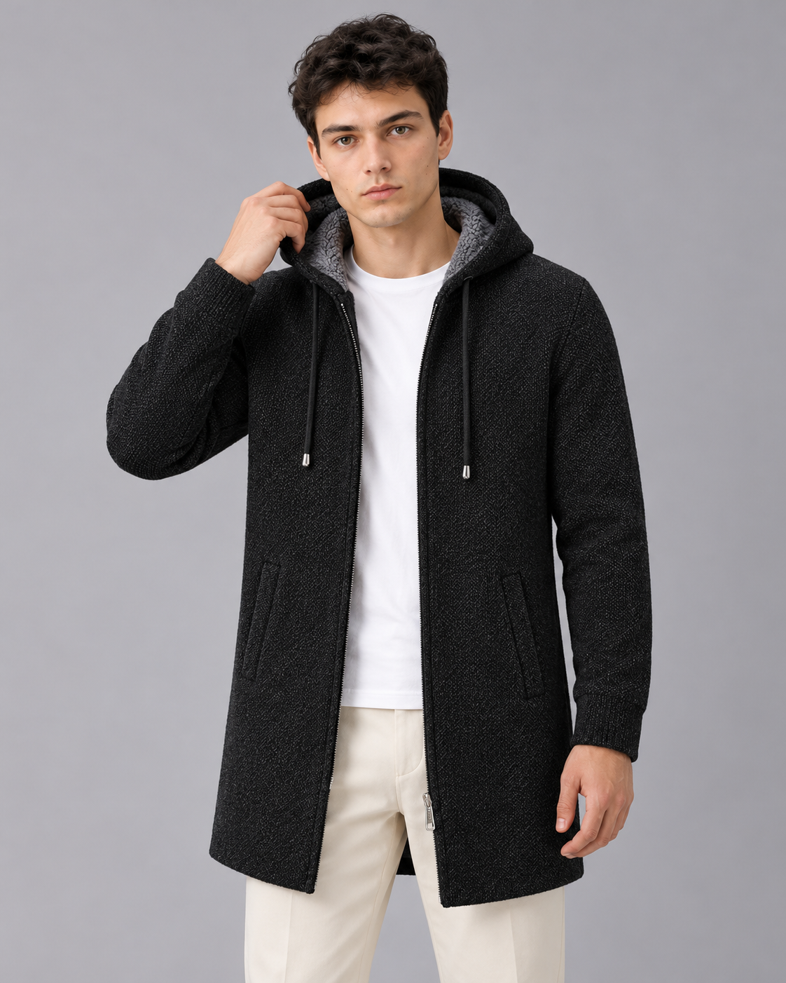 Men's Mid Length Hooded Coat with Zip