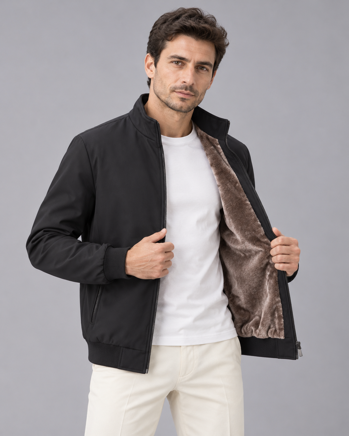 Men's Bomber Jacket with Ribbed Collar