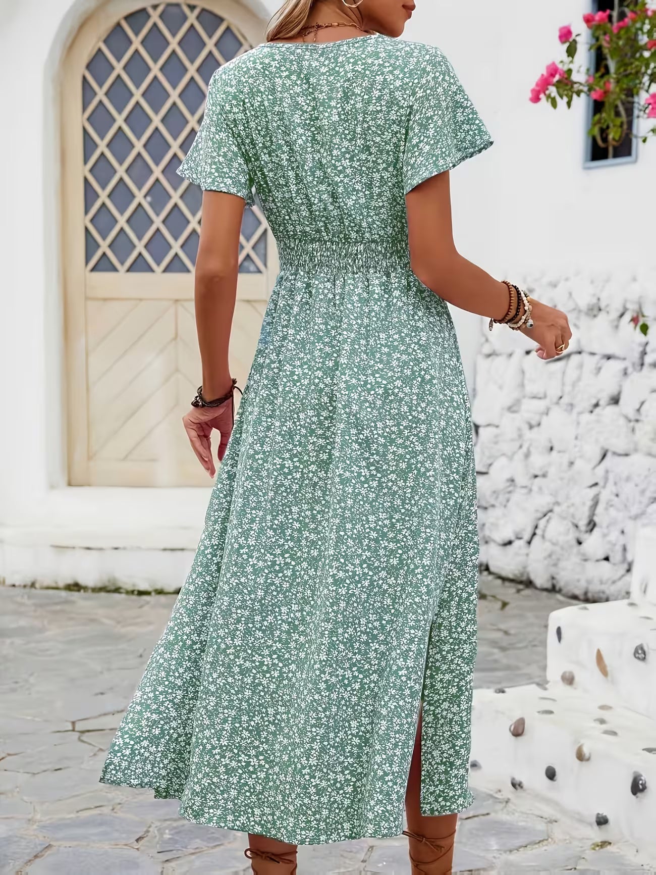 Women's Floral bohemian Print V-neck Midi Dress With Slit Sleeves