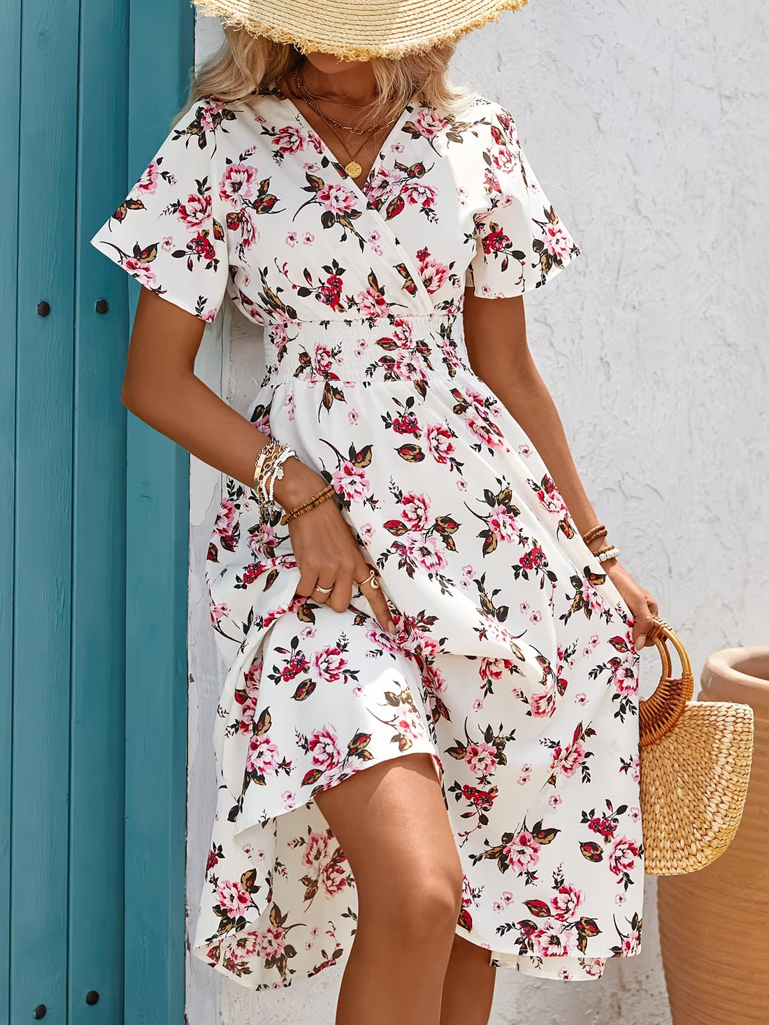 Women's Bohemian V-neck Short Sleeve Shirt Dress