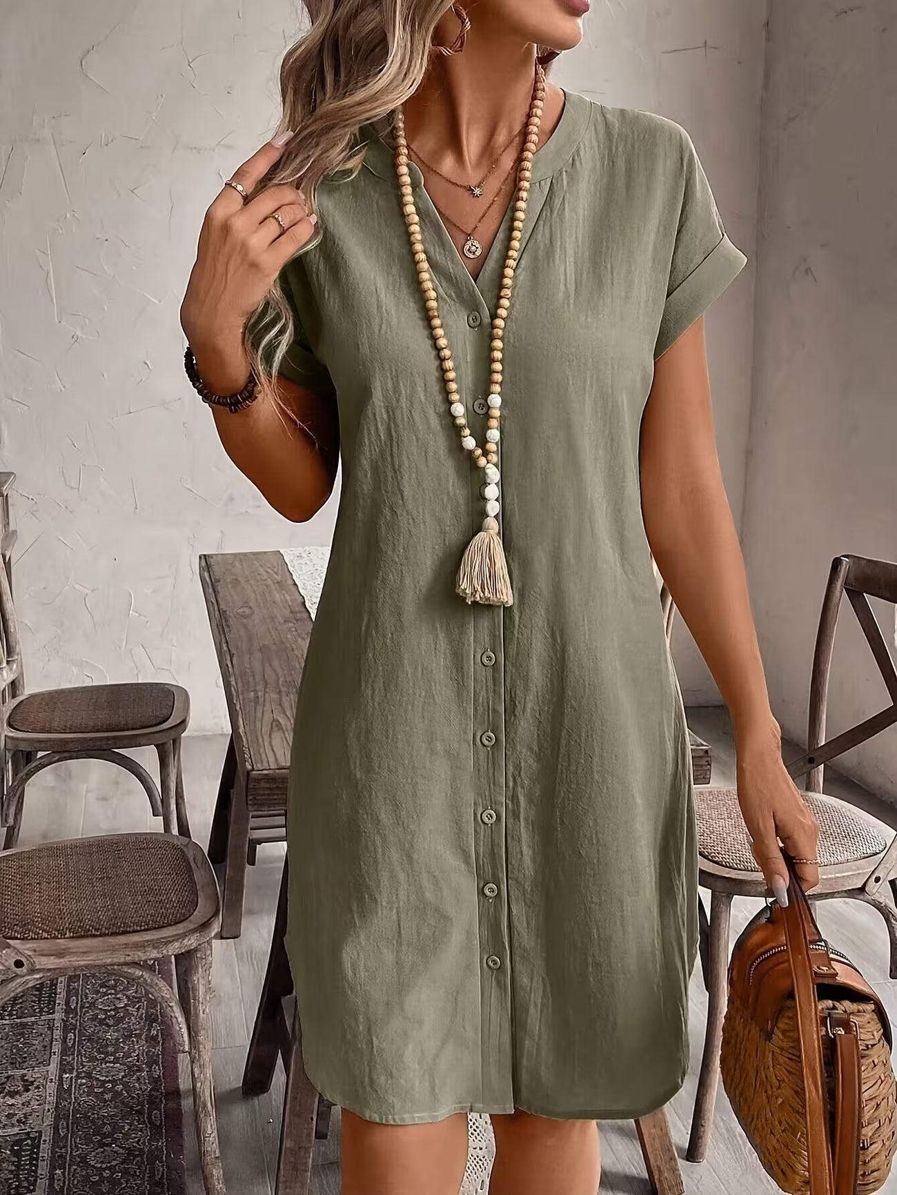 Women's Elegant V-neck Button Loose Fit Midi Dress Shirt
