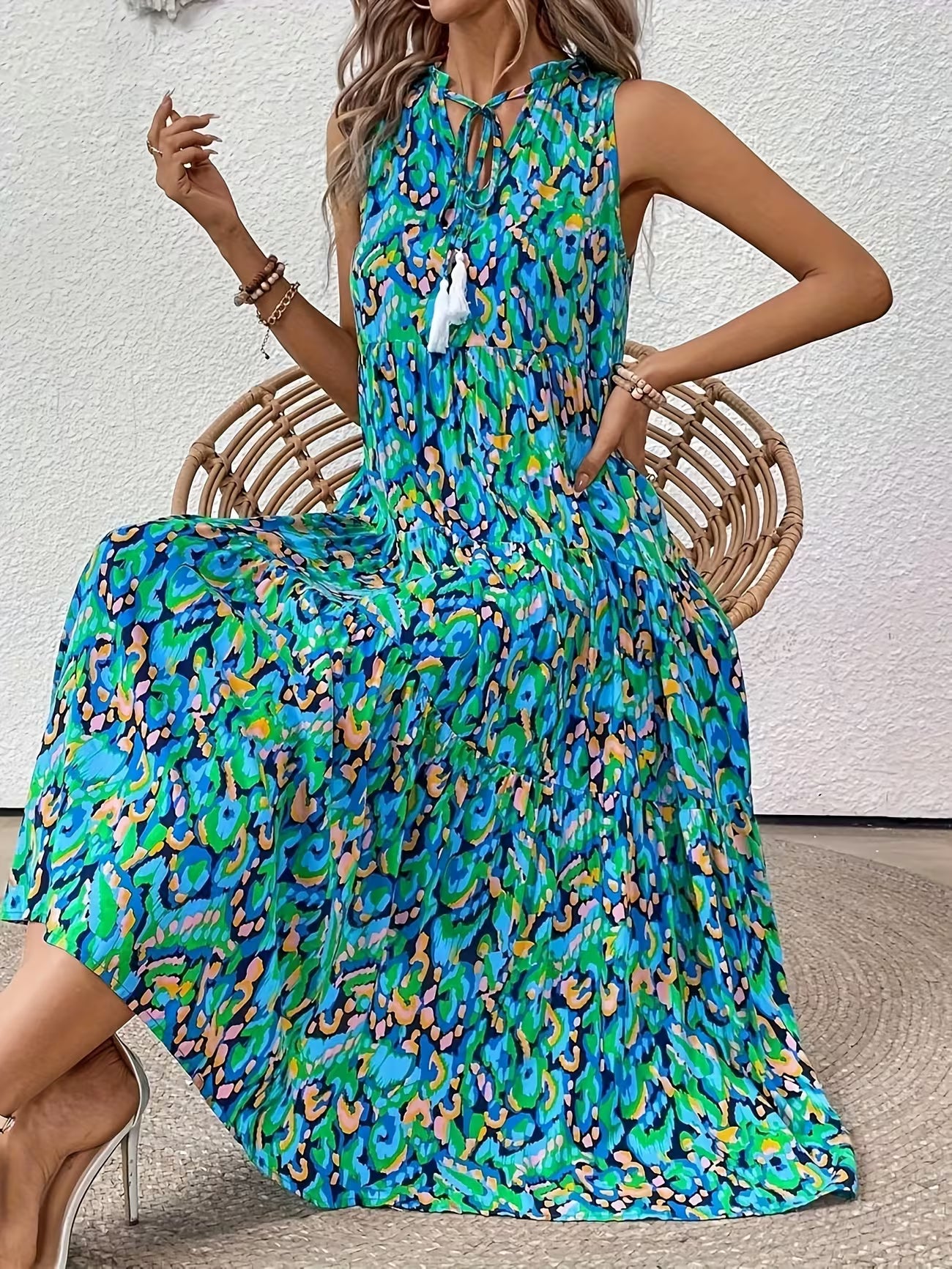 Women's Sleeveless Bohemian Fringe Tie Dress