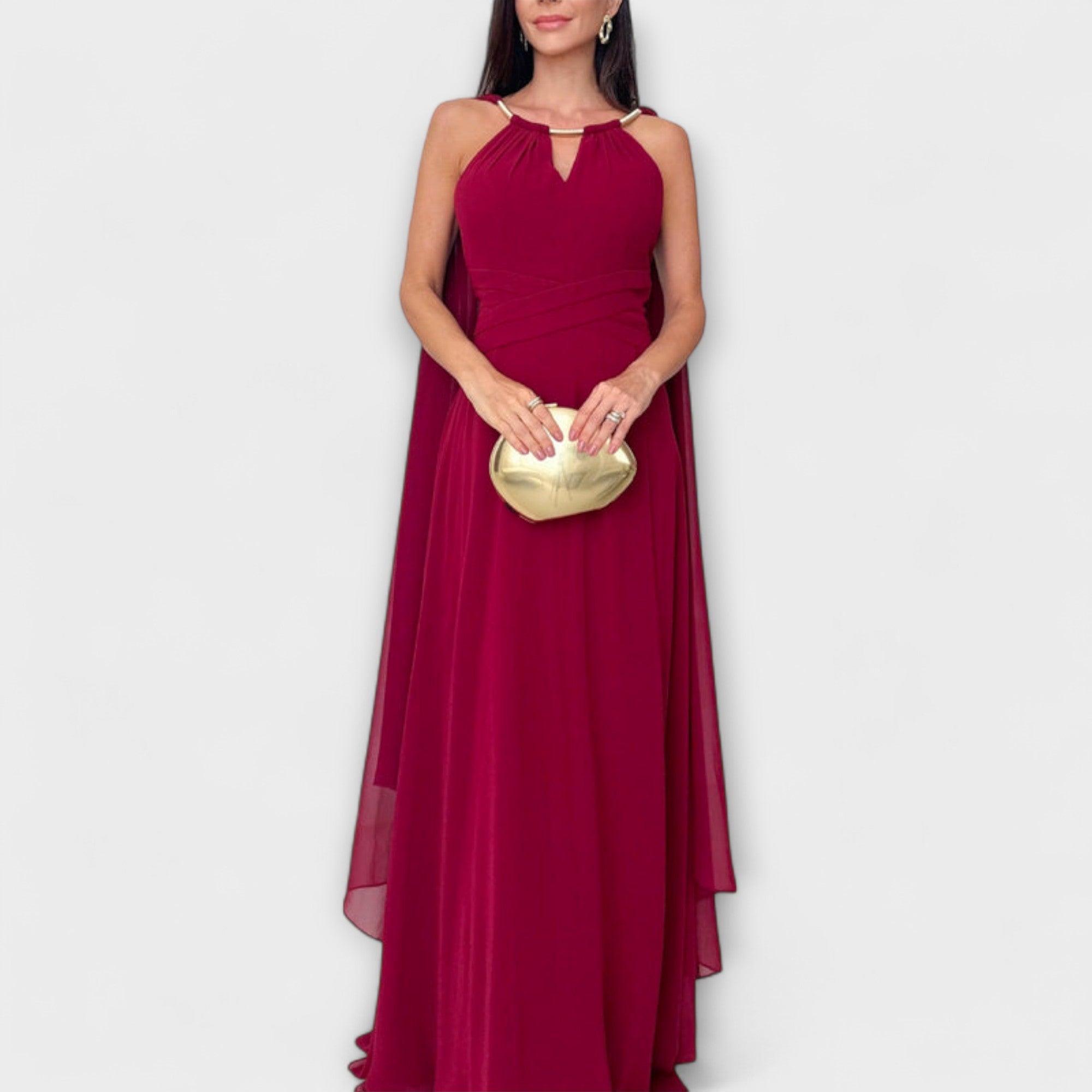Elegant Maxi Dress With Cape Sleeves And High Slit