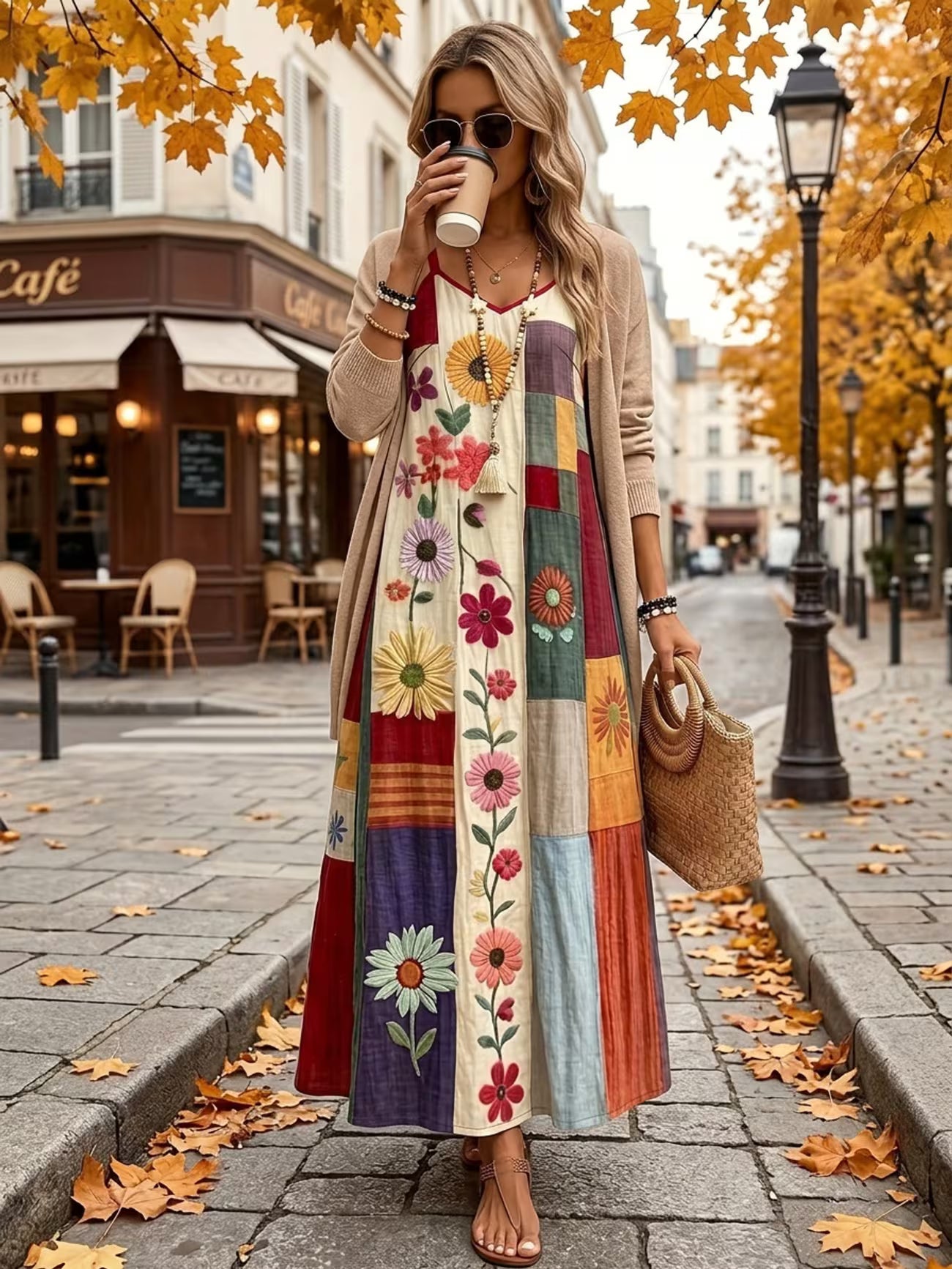 Women's Wine Red Bohemian A Line V-neck Midi Dress
