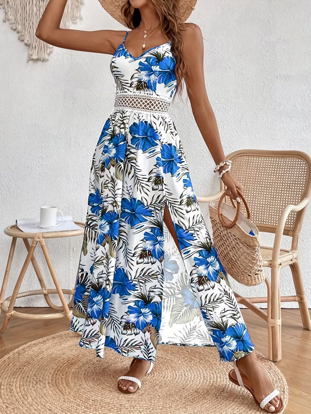 Women's Floral Print Bohemian Sleeveless Split Midi Dress