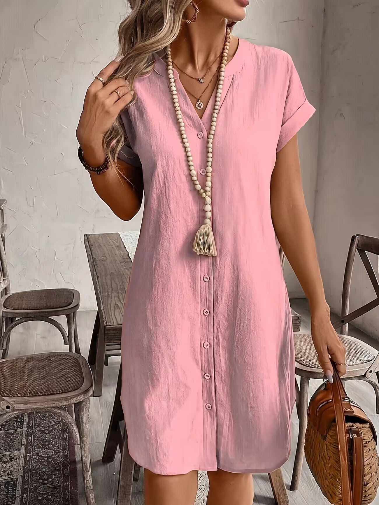 Women's Elegant V-neck Button Loose Fit Midi Dress Shirt