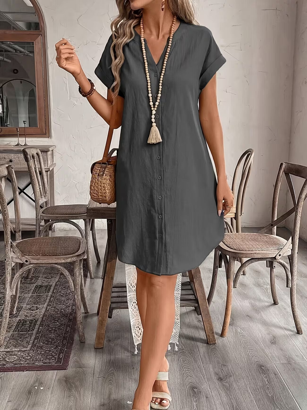 Women's Elegant V-neck Button Loose Fit Midi Dress Shirt