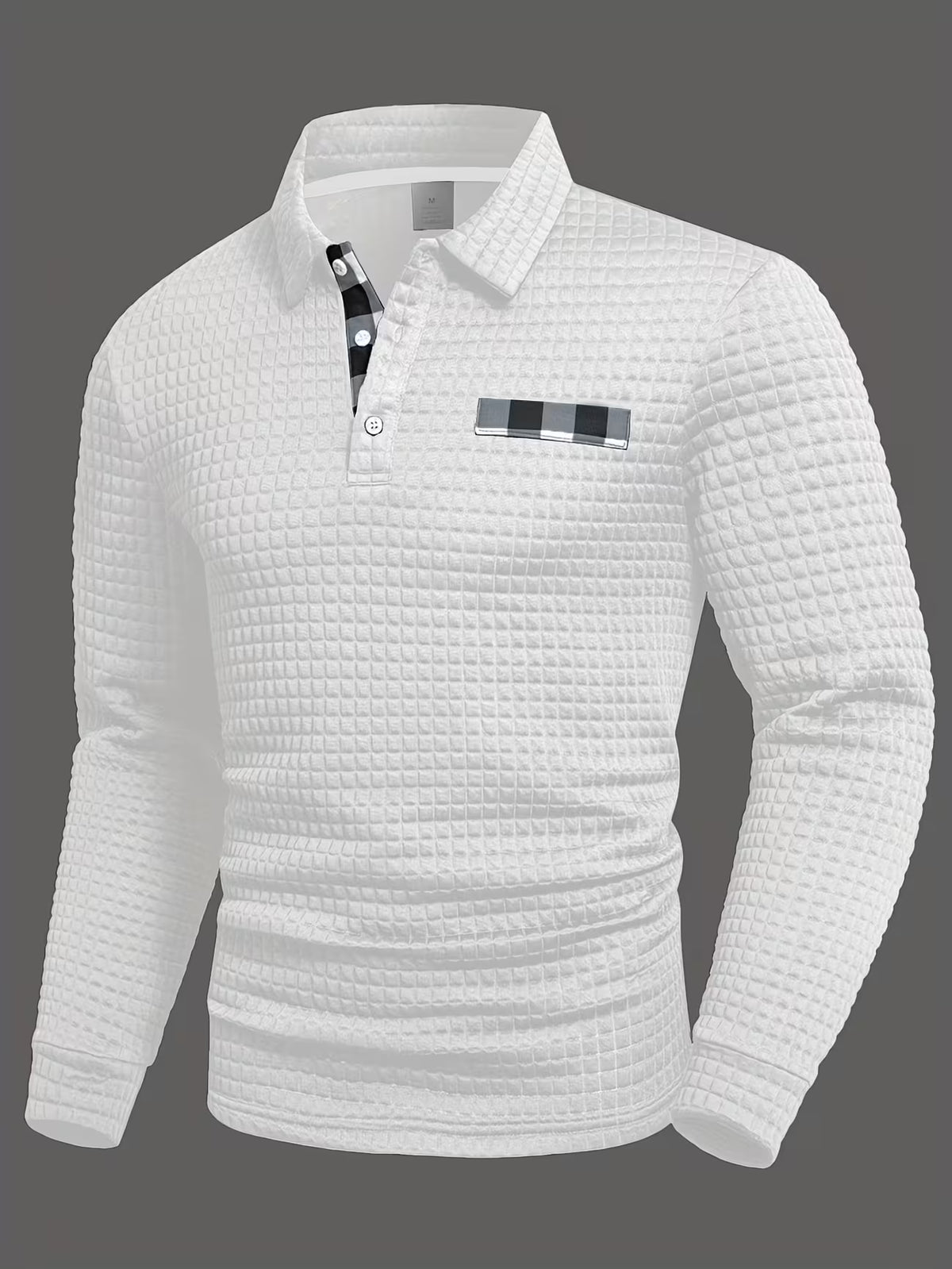 Men's Grid Print Shirt – Textured Long Sleeve, Lapel Collar