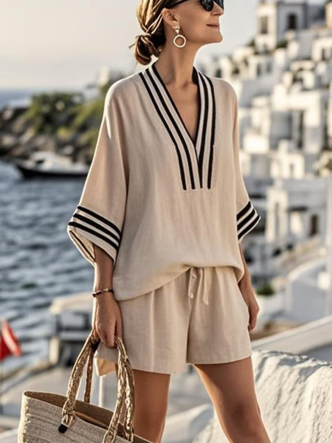 Women Beige Striped V Neck Sandals Set