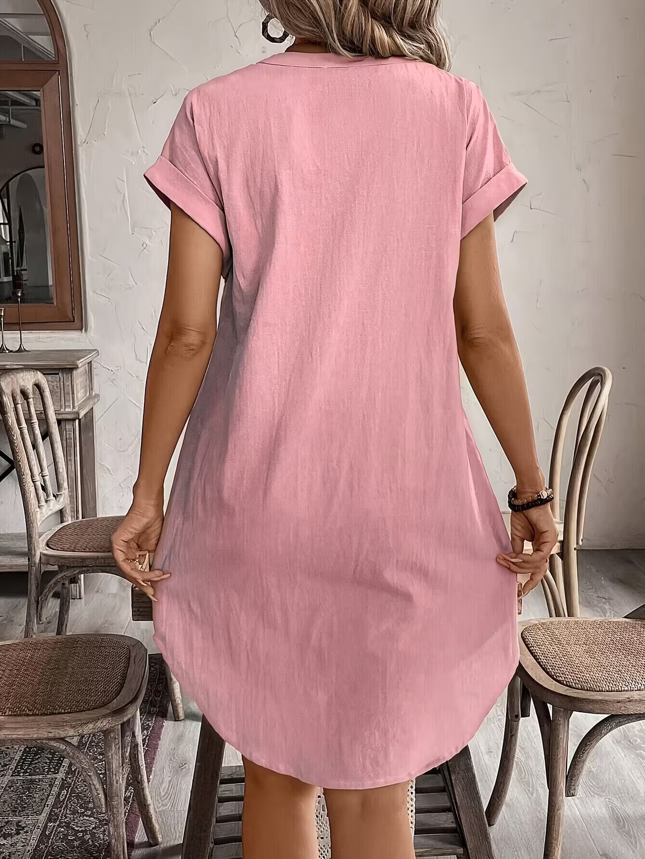 Women's Elegant V-neck Button Loose Fit Midi Dress Shirt