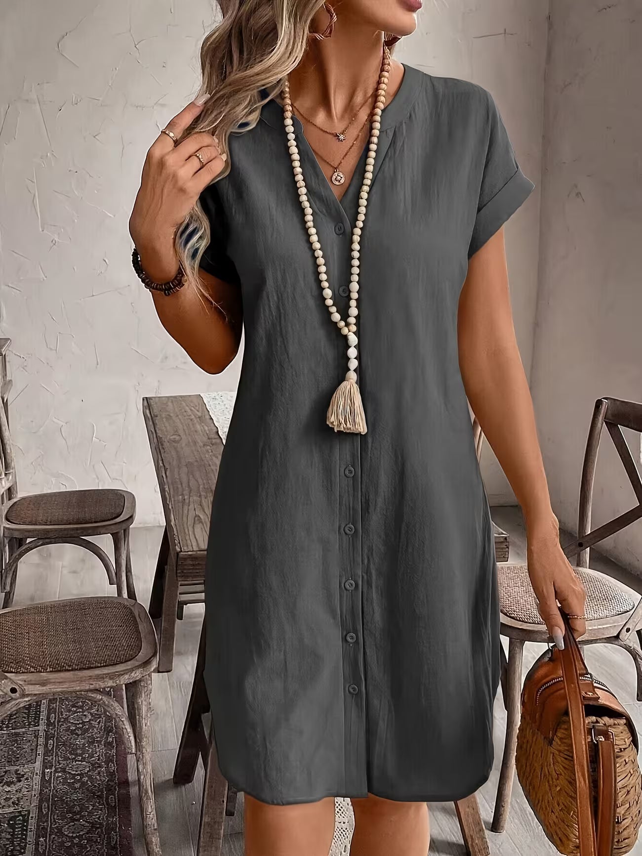 Women's Elegant V-neck Button Loose Fit Midi Dress Shirt