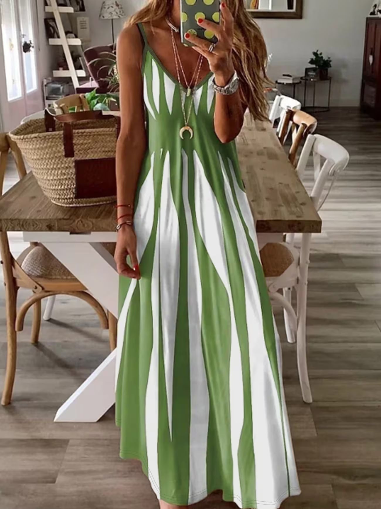 Women's Printed V-neck Slip Dress With Slim Straps
