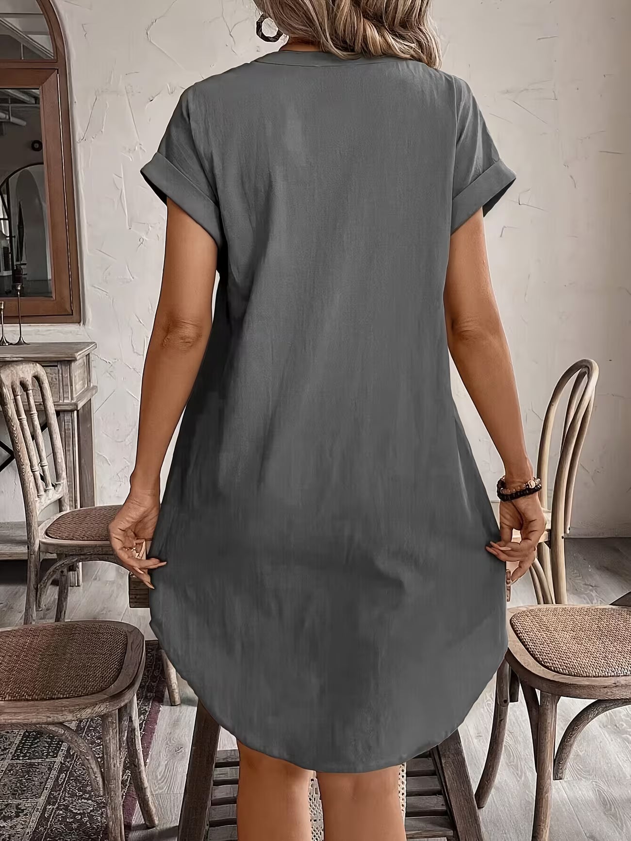 Women's Elegant V-neck Button Loose Fit Midi Dress Shirt