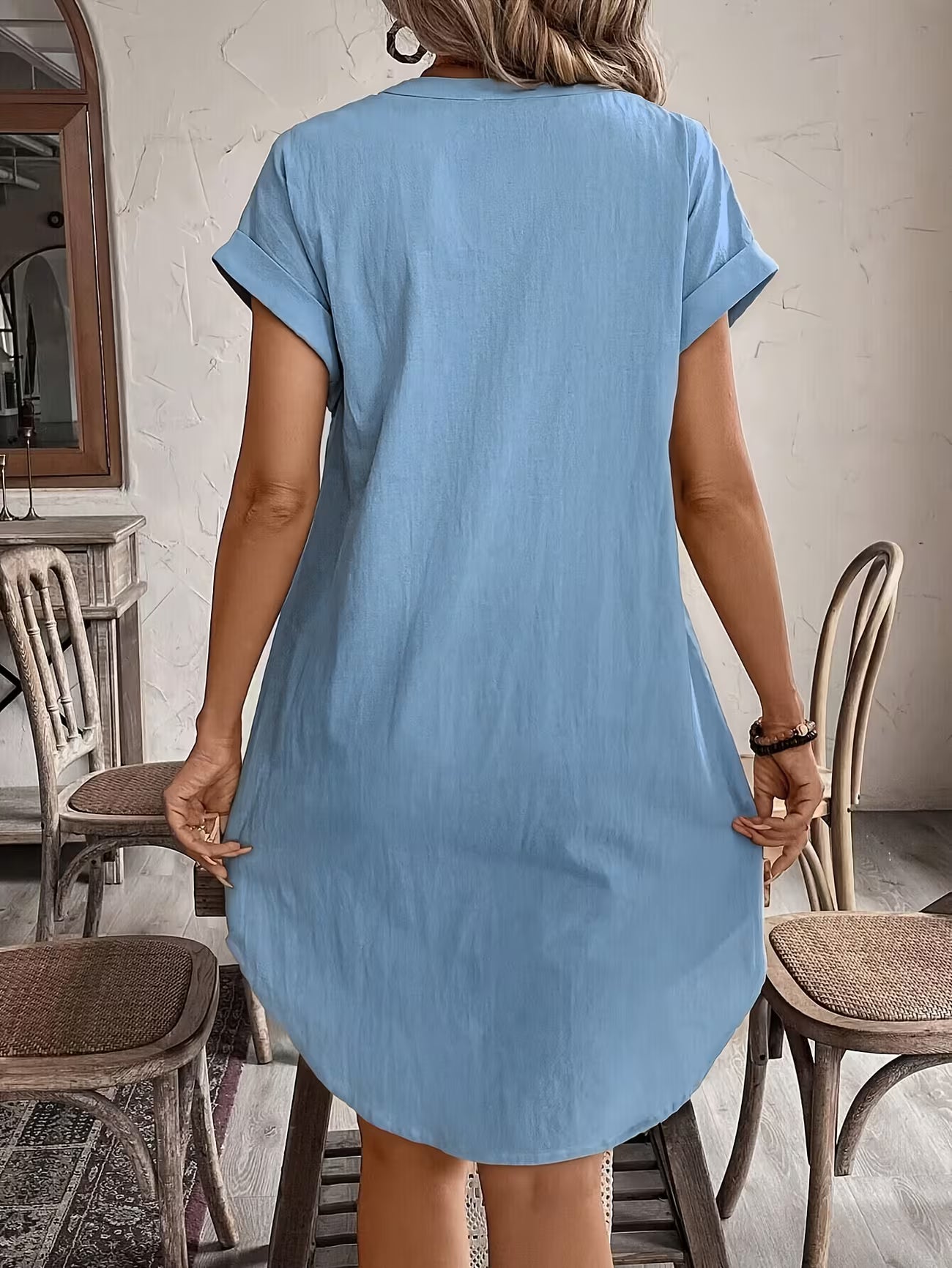 Women's Elegant V-neck Button Loose Fit Midi Dress Shirt