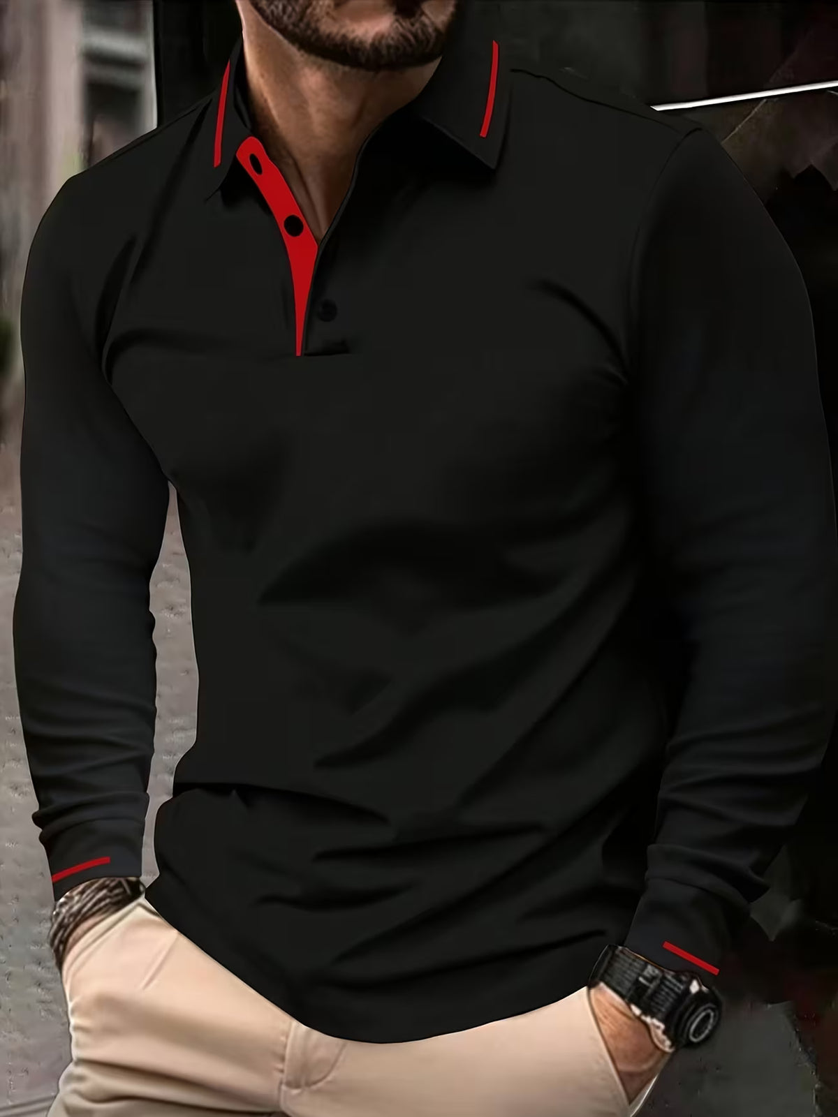 Men's Long Sleeve Golf Shirt – Stretch Fabric, Rib Detail