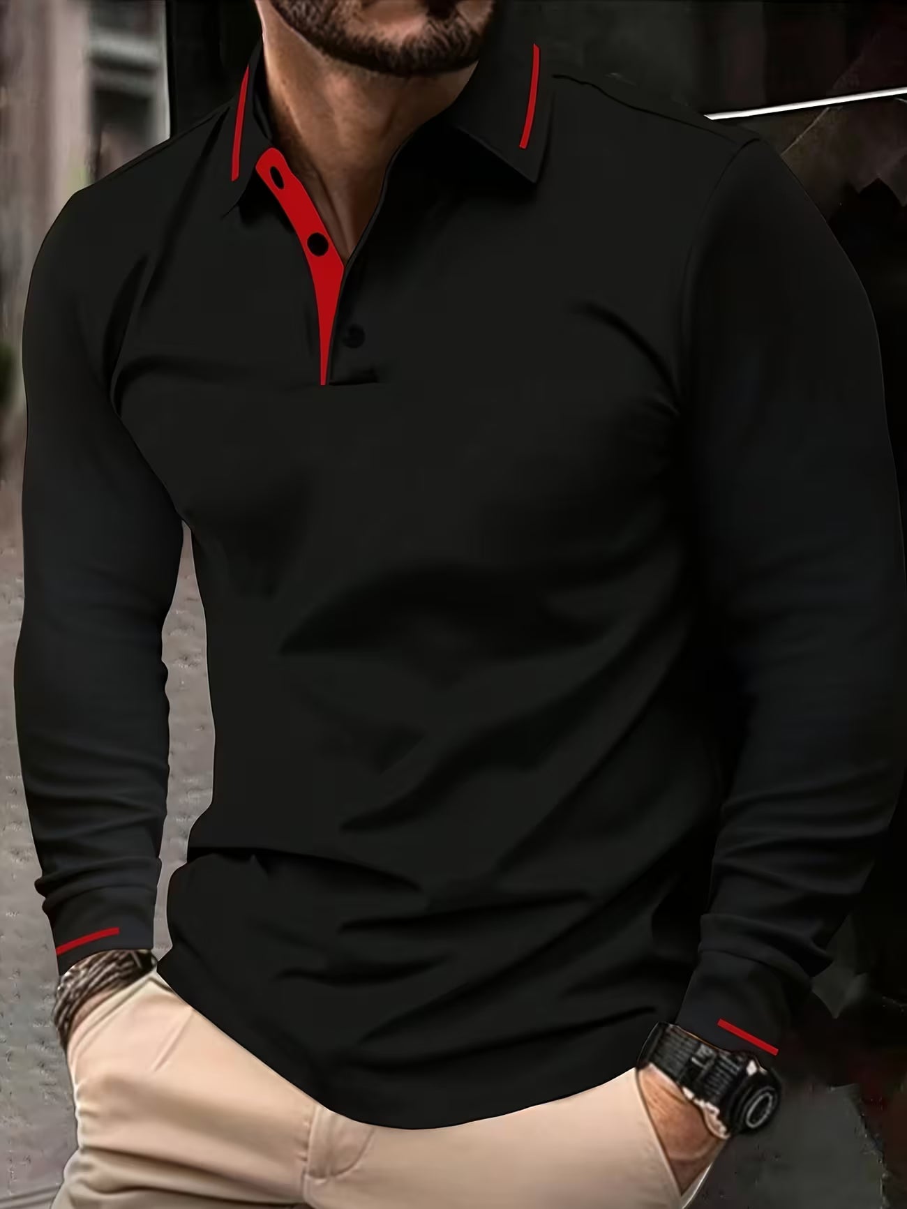 Men's Long Sleeve Rib-detail Stretch Golf Shirt