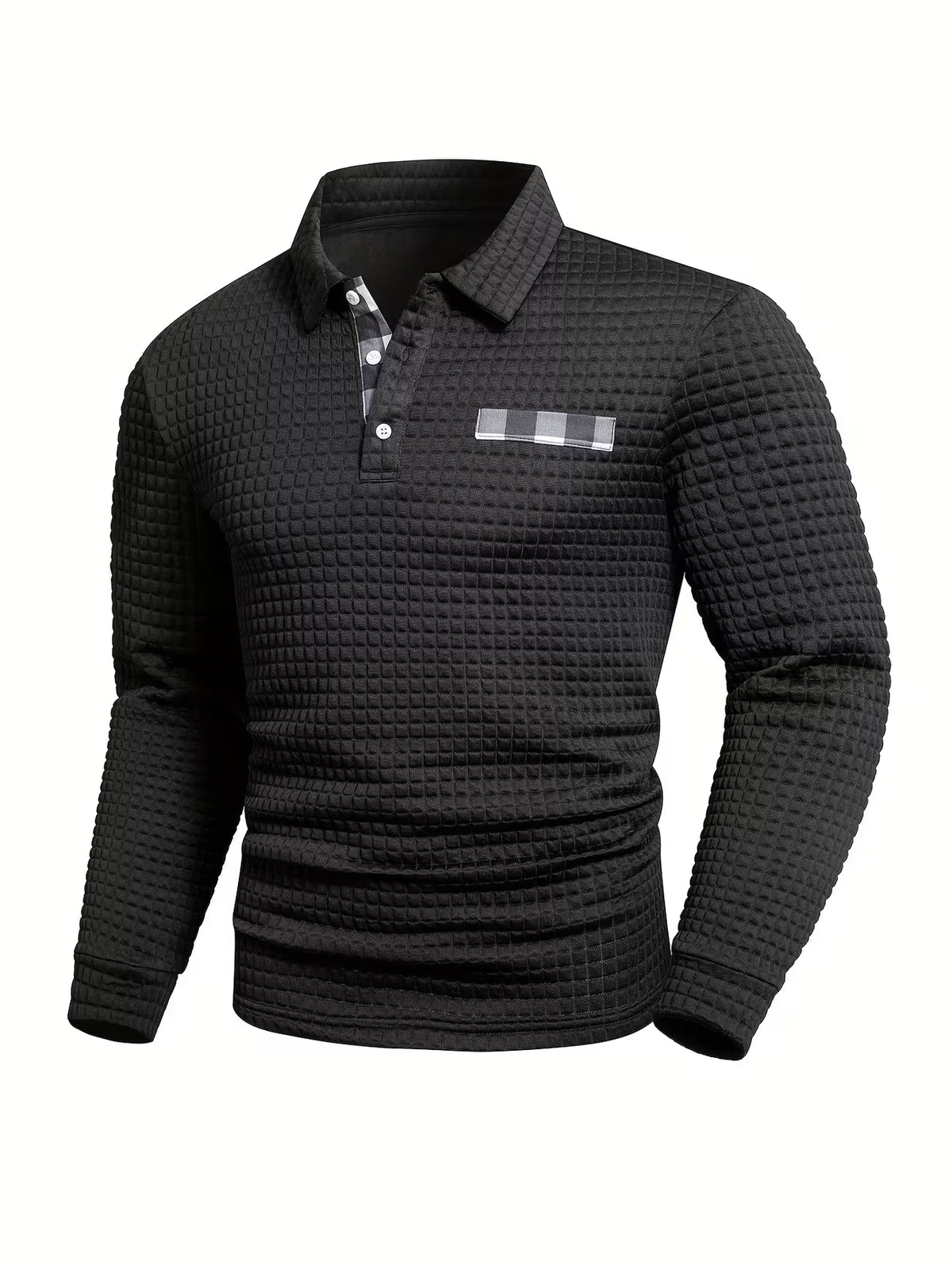 Men's Grid Print Shirt – Textured Long Sleeve, Lapel Collar