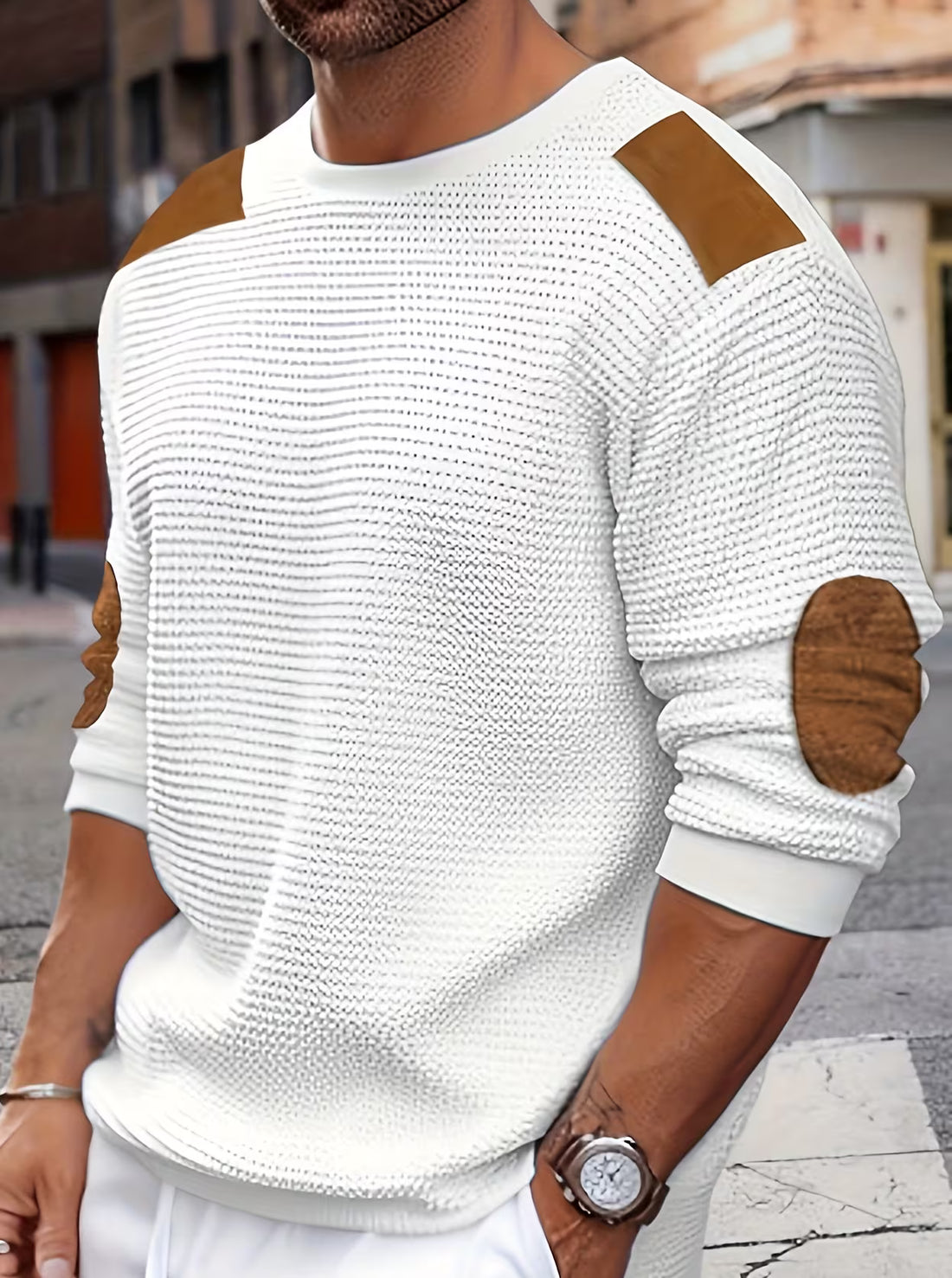 Men's Color Block Waffle Knit Crewneck Sweatshirt