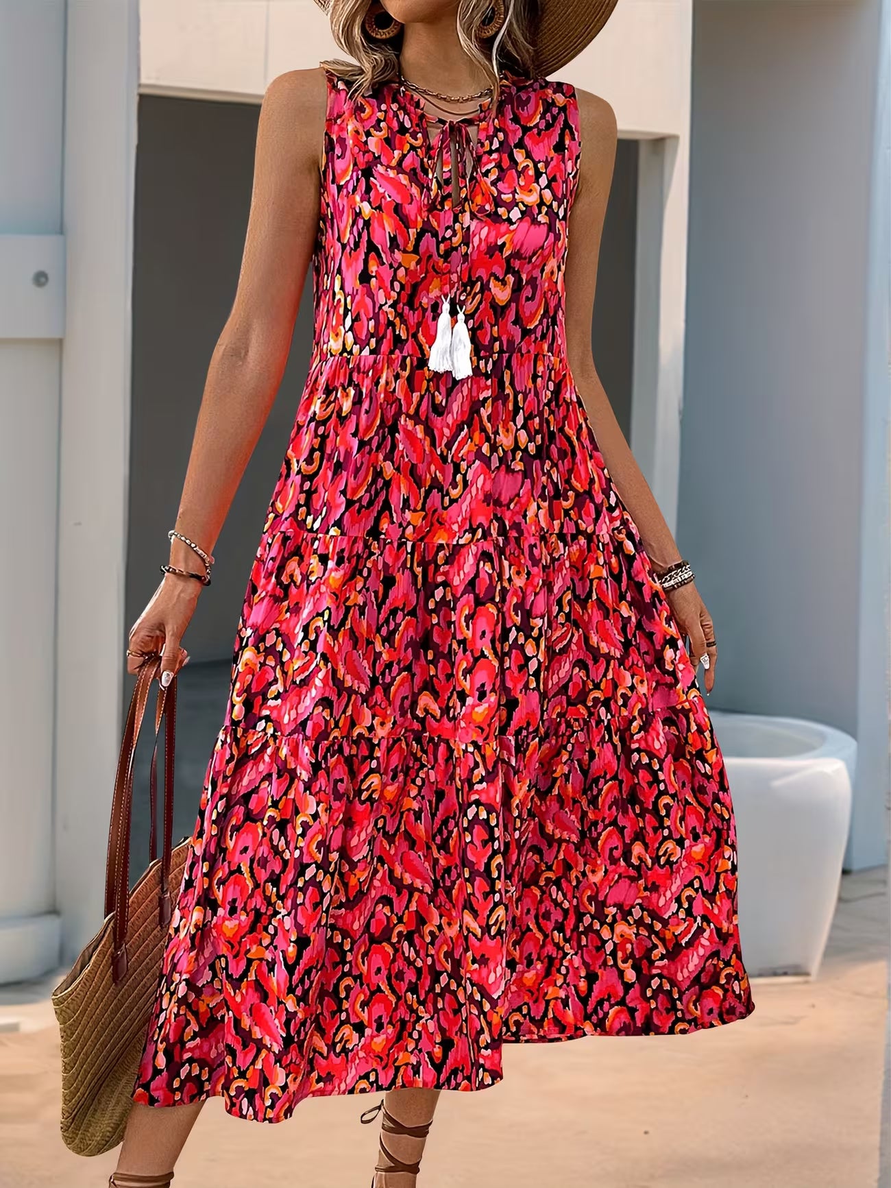 Women's Sleeveless Bohemian Fringe Tie Dress