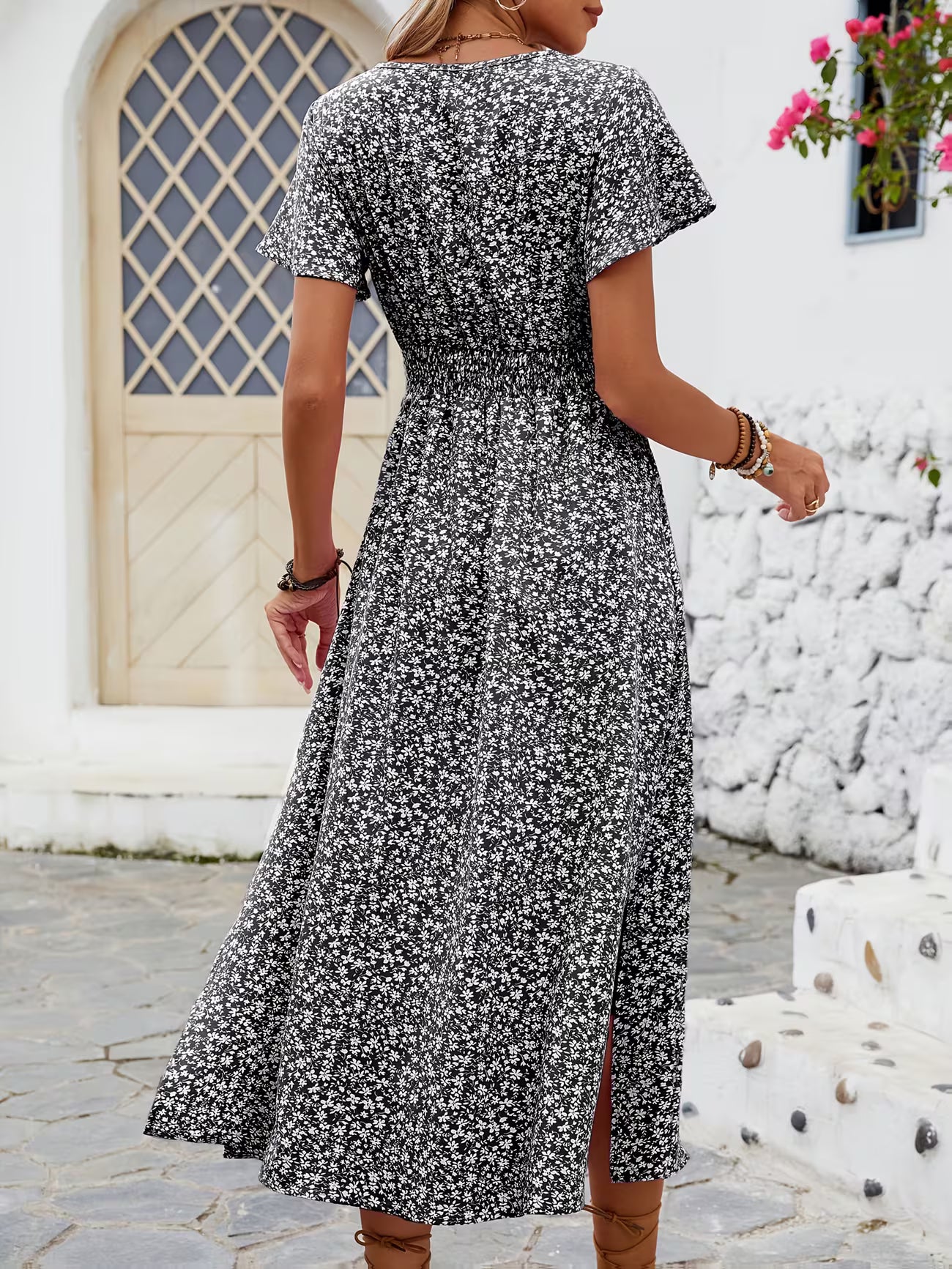 Women's Floral bohemian Print V-neck Midi Dress With Slit Sleeves