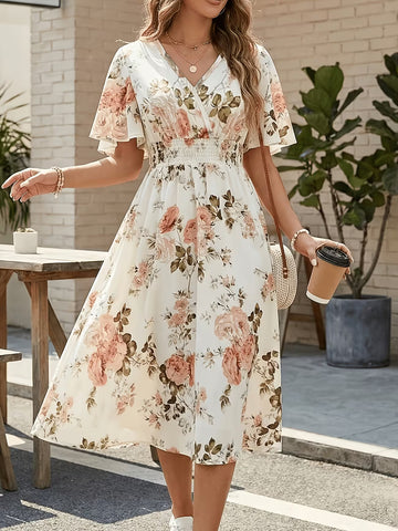 Women's Floral Wrap Waist Tie Midi Dress Trousers