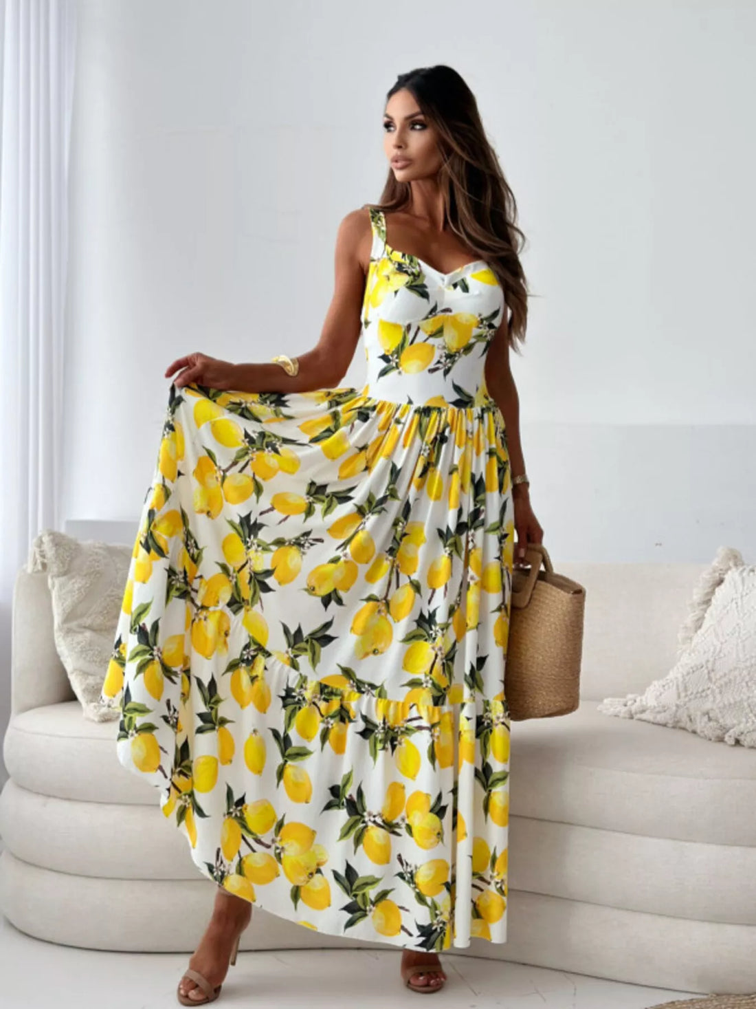 Women Yellow Lemon Print Spaghetti Strap Maxi Dress