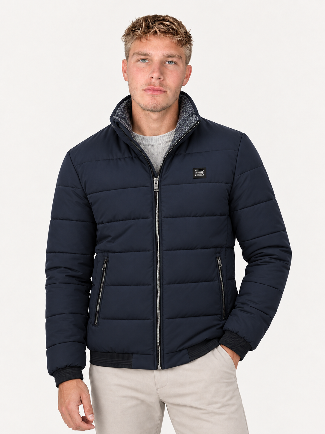 Men's Quilted Bomber Jacket – Stand Collar, Metal Zip