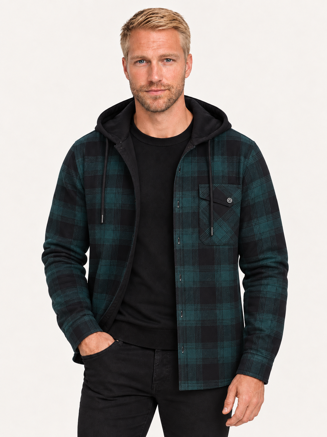 Men's Hooded Flannel Shirt Jacket – Check Overshirt, Flap Pockets