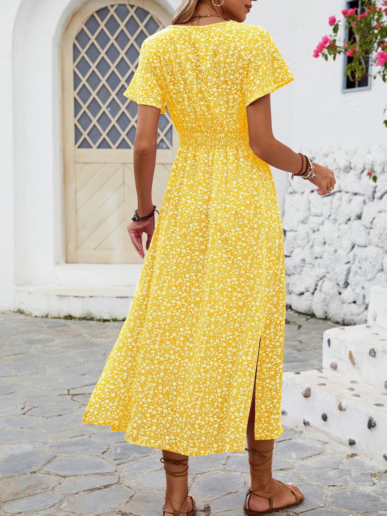 Women's Floral bohemian Print V-neck Midi Dress With Slit Sleeves