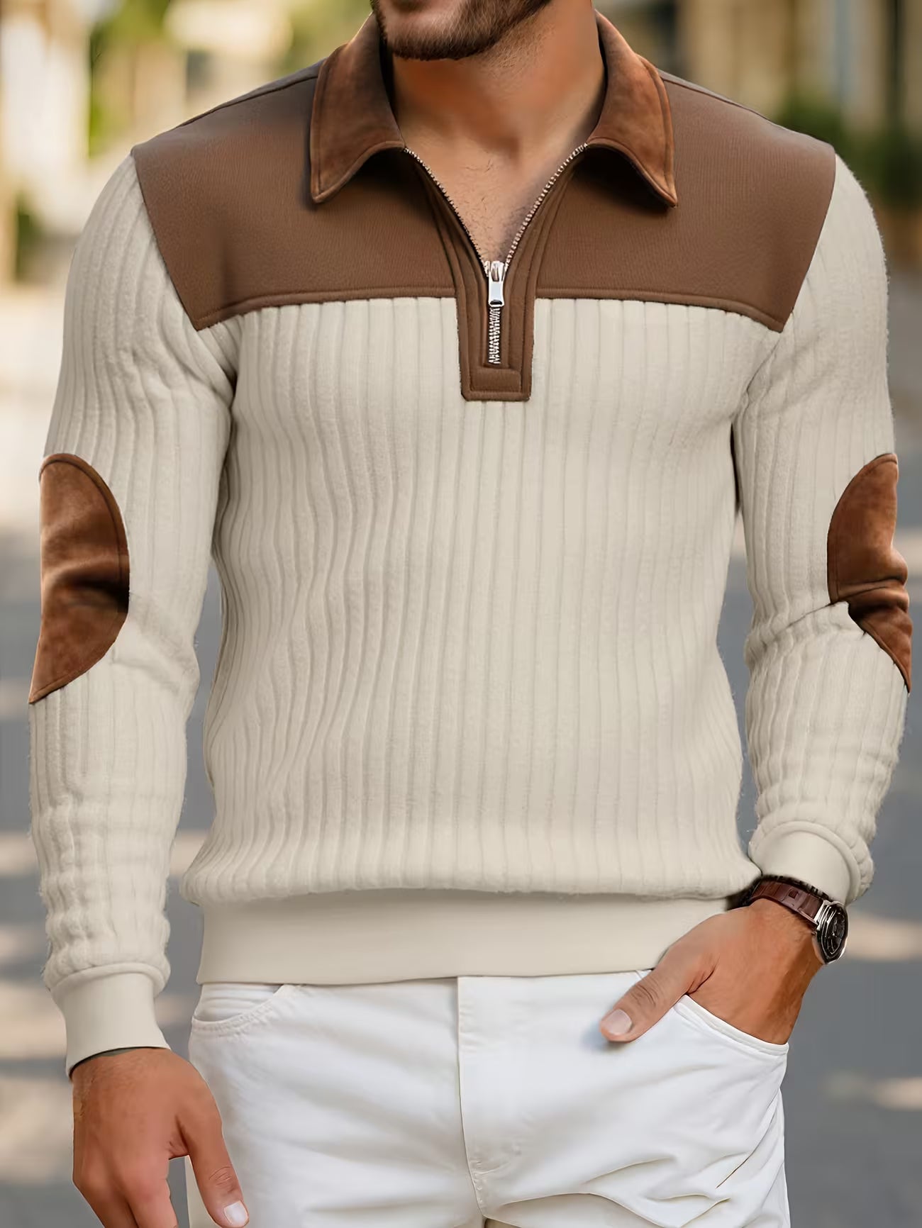 Men's Color Block Stand Collar Pullover Sweater Shirt