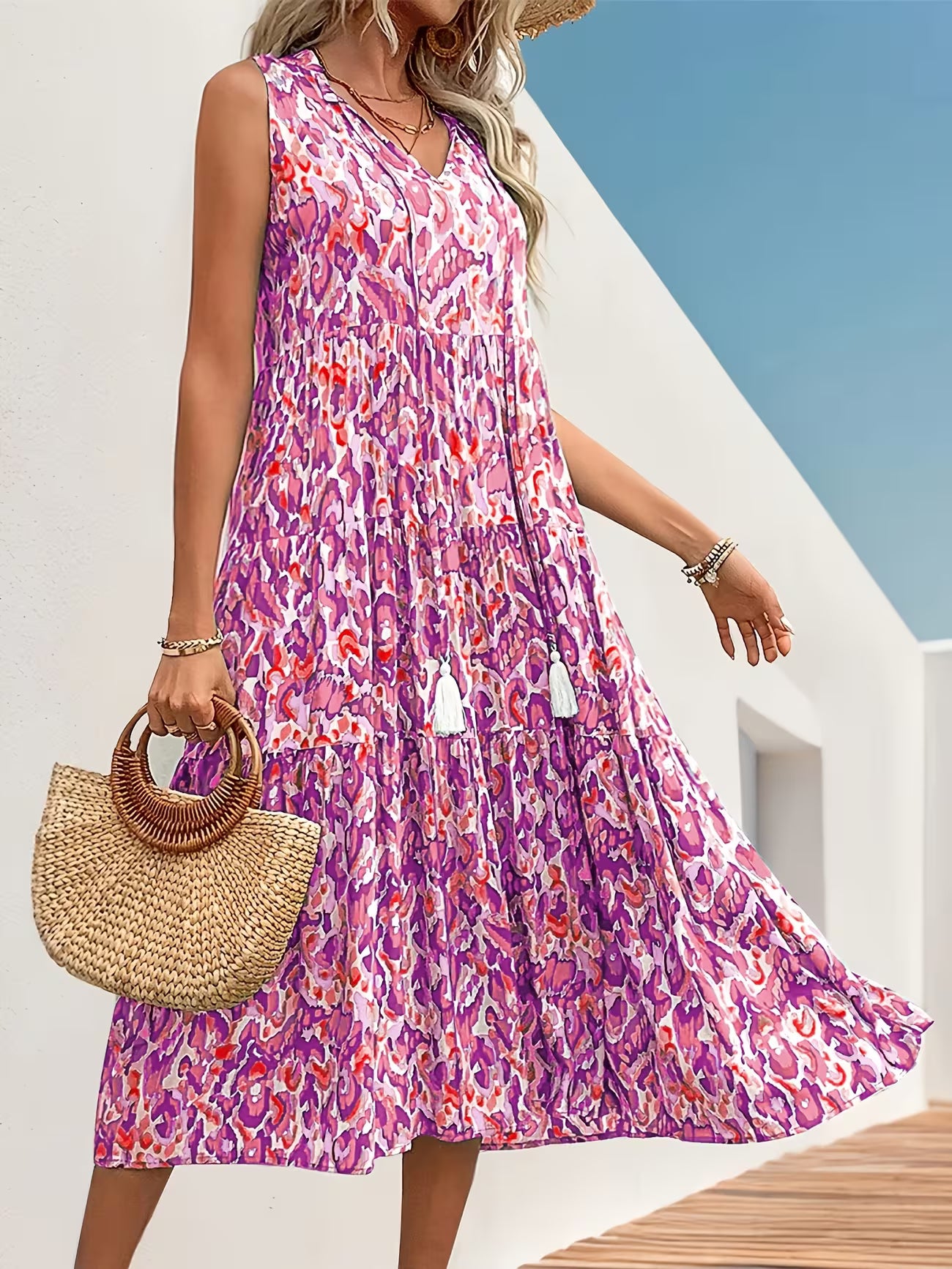 Women's Sleeveless Bohemian Fringe Tie Dress