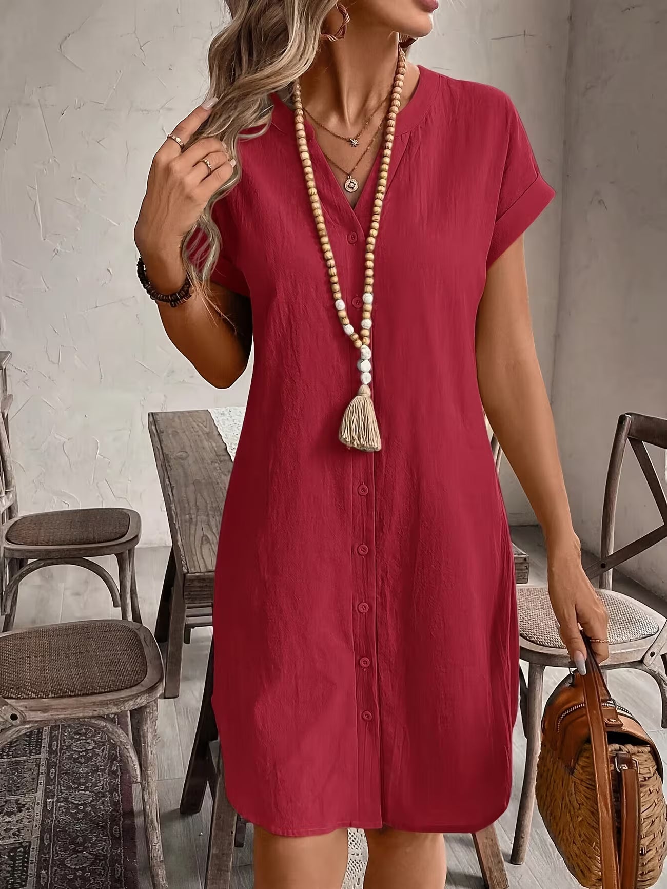 Women's Elegant V-neck Button Loose Fit Midi Dress Shirt
