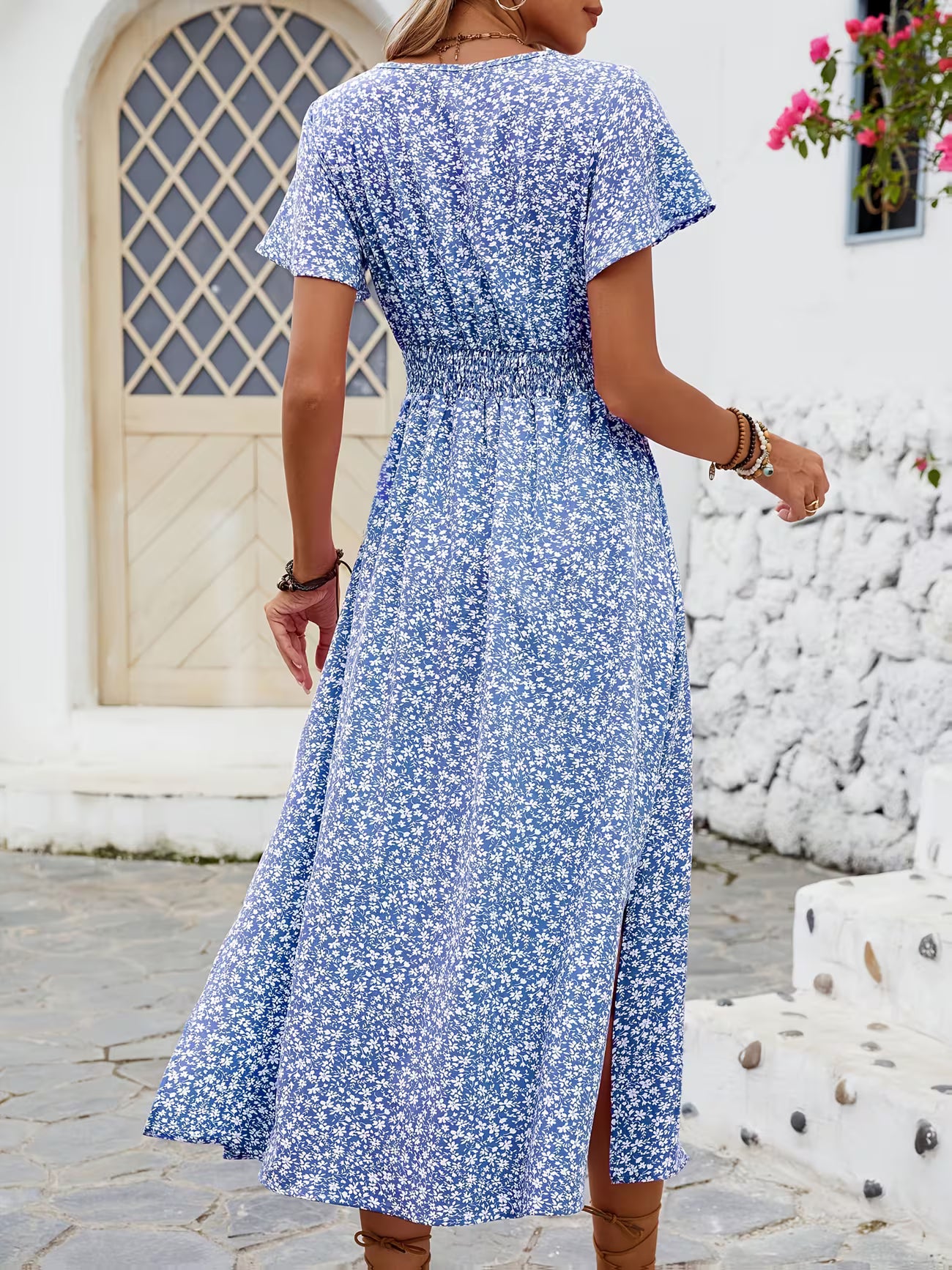 Women's Floral bohemian Print V-neck Midi Dress With Slit Sleeves