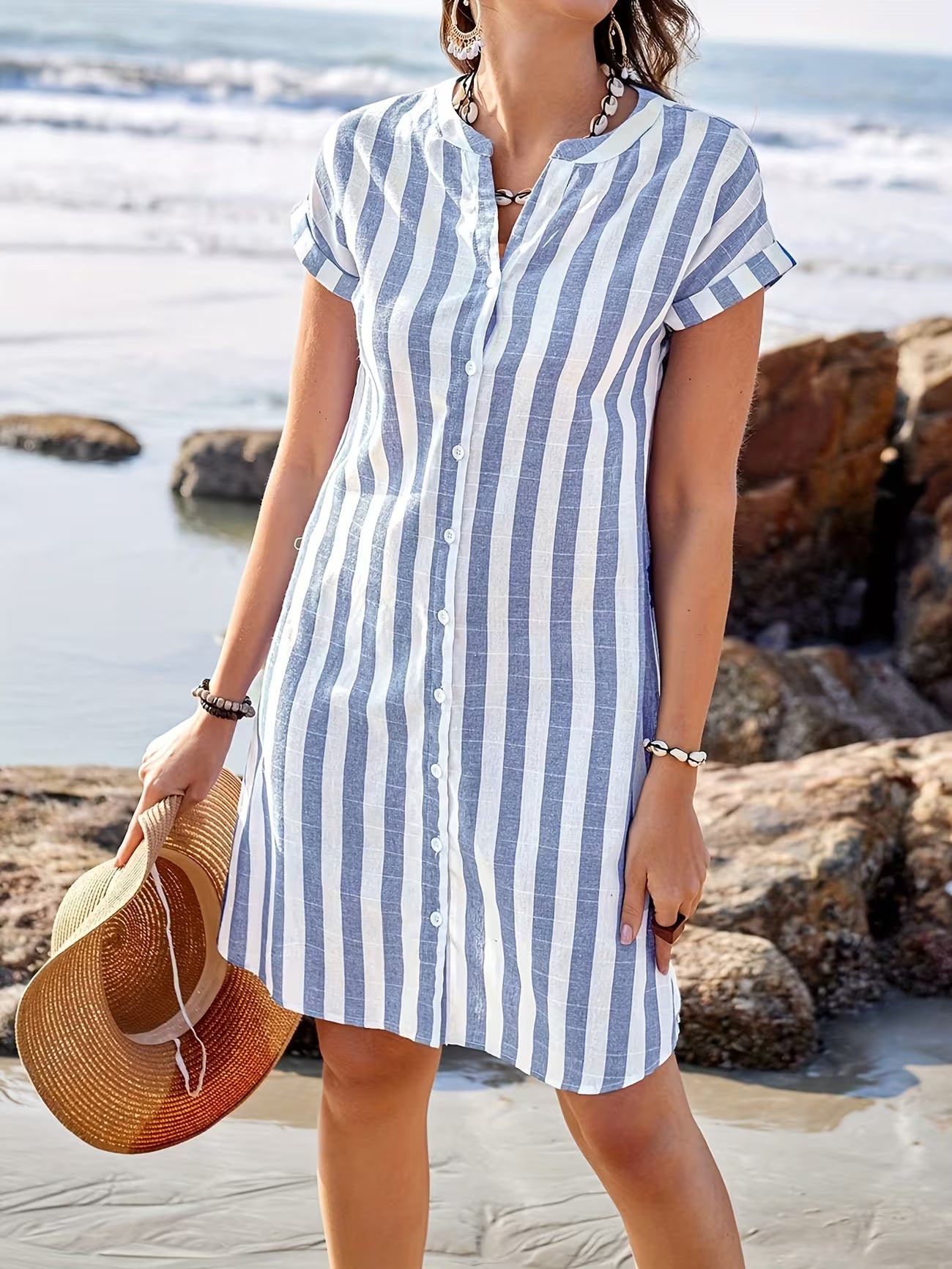 Women's Striped V-neck Knee-length Summer Dress Trousers
