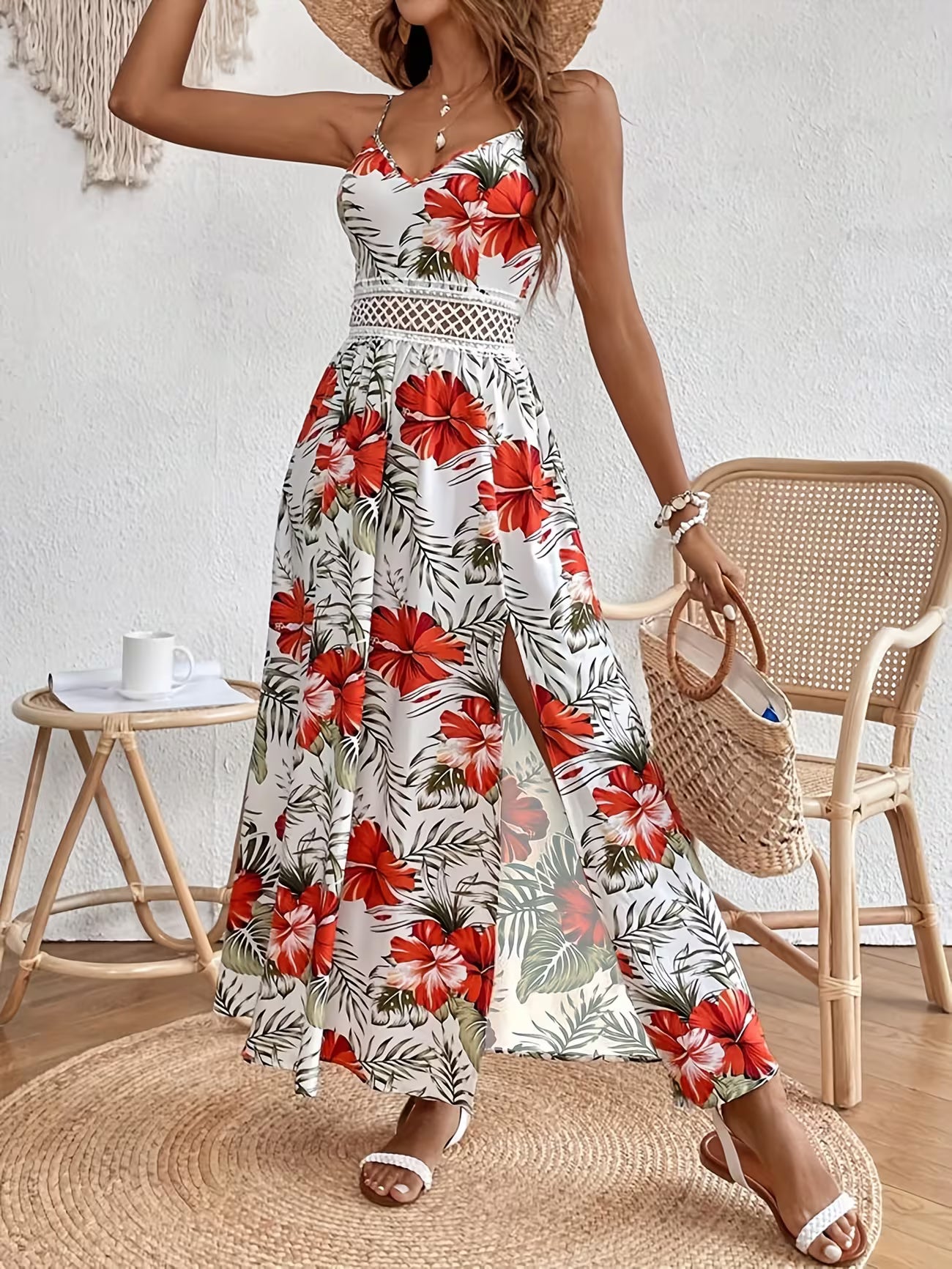 Women's Floral Print Bohemian Sleeveless Split Midi Dress