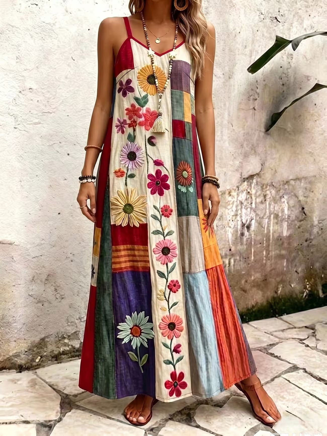 Women's Wine Red Bohemian A Line V-neck Midi Dress