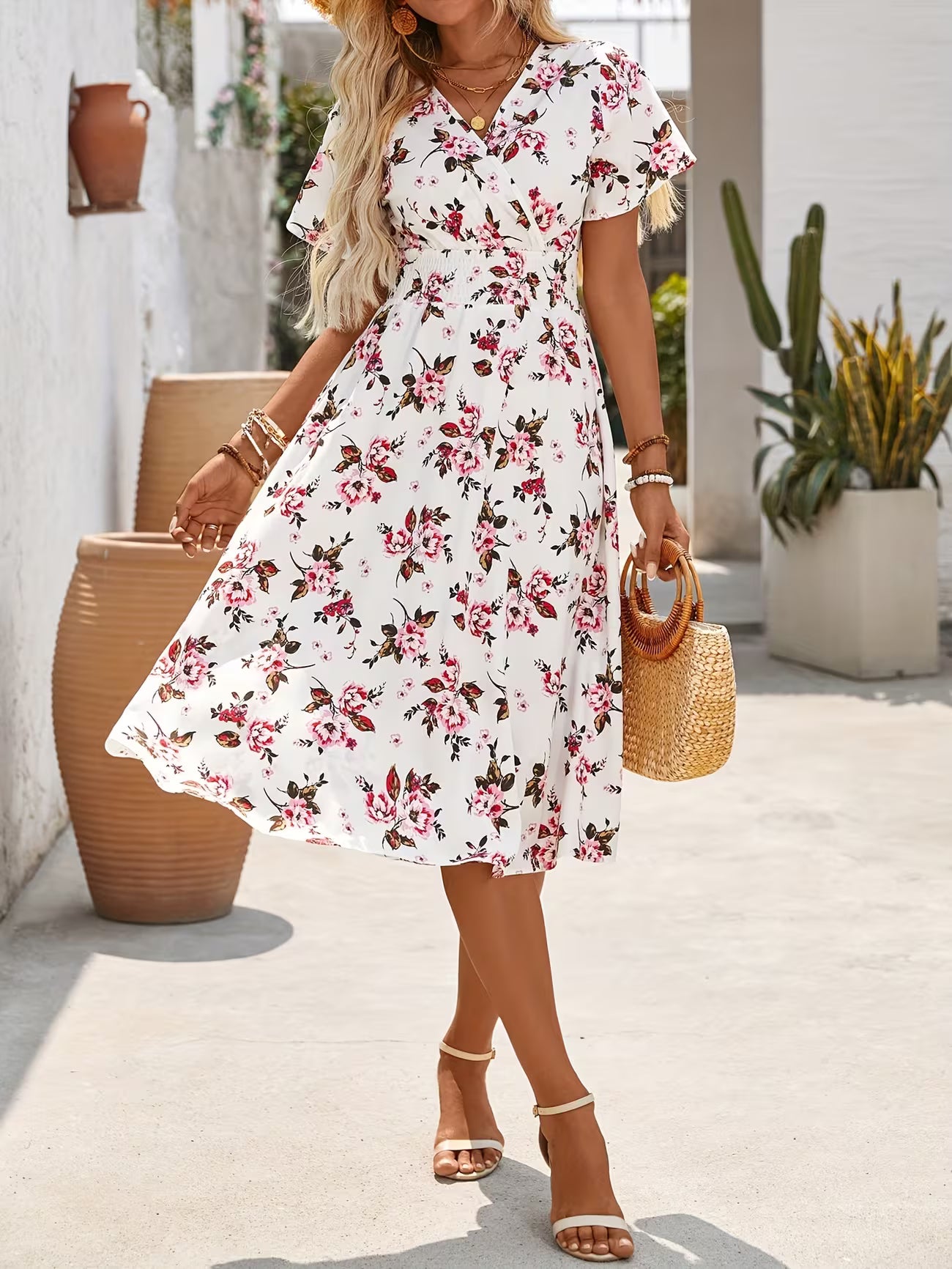 Women's Bohemian V-neck Short Sleeve Shirt Dress