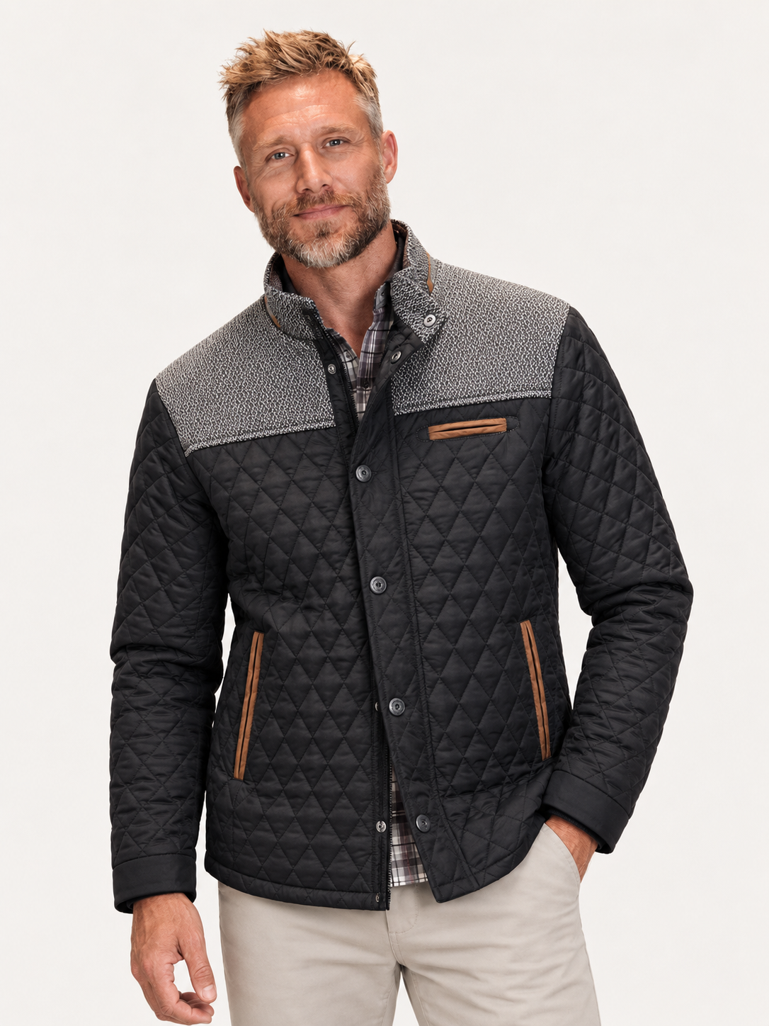 Men's Diamond Quilted Field Jacket – Stand Collar, Suede-Look Trim