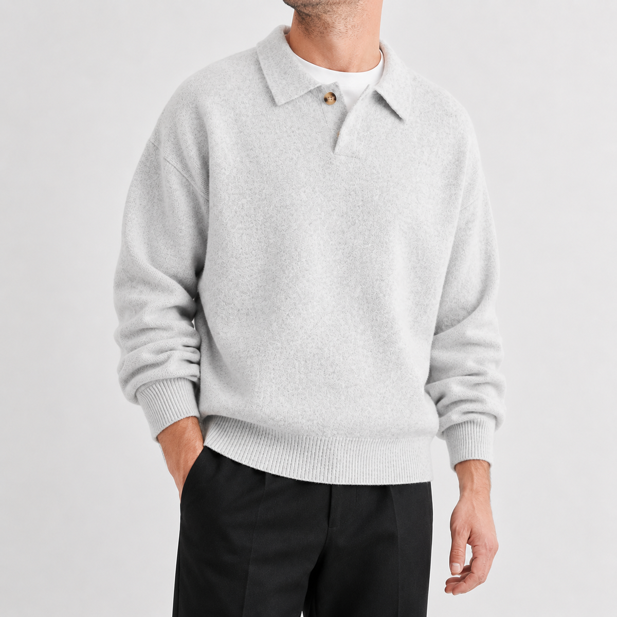 Men's Knitted Polo Jumper – Long Sleeve with One-Button Collar, Relaxed Fit