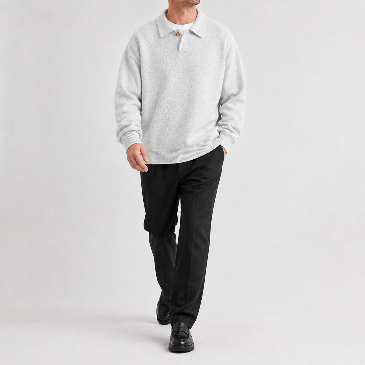 Men's Knitted Polo Jumper – Long Sleeve with One-Button Collar, Relaxed Fit