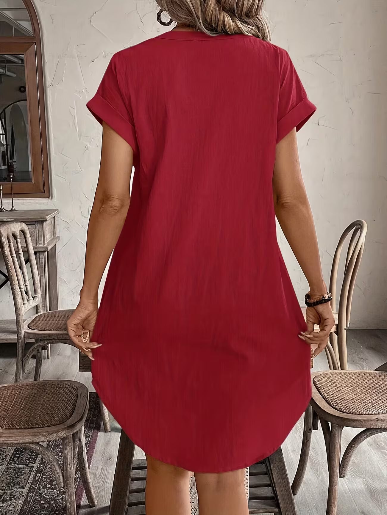 Women's Elegant V-neck Button Loose Fit Midi Dress Shirt