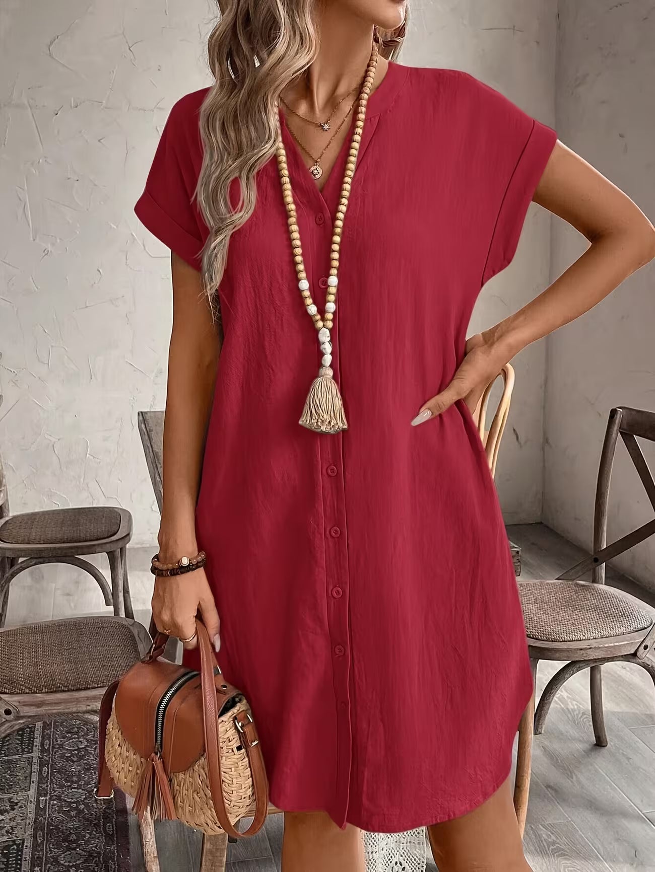 Women's Elegant V-neck Button Loose Fit Midi Dress Shirt