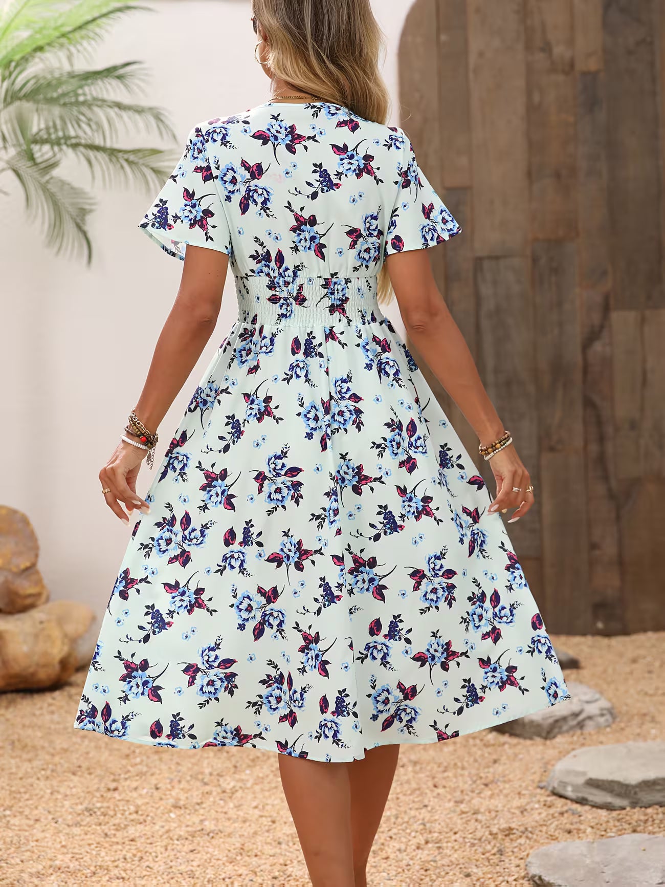 Women's Bohemian V-neck Short Sleeve Shirt Dress