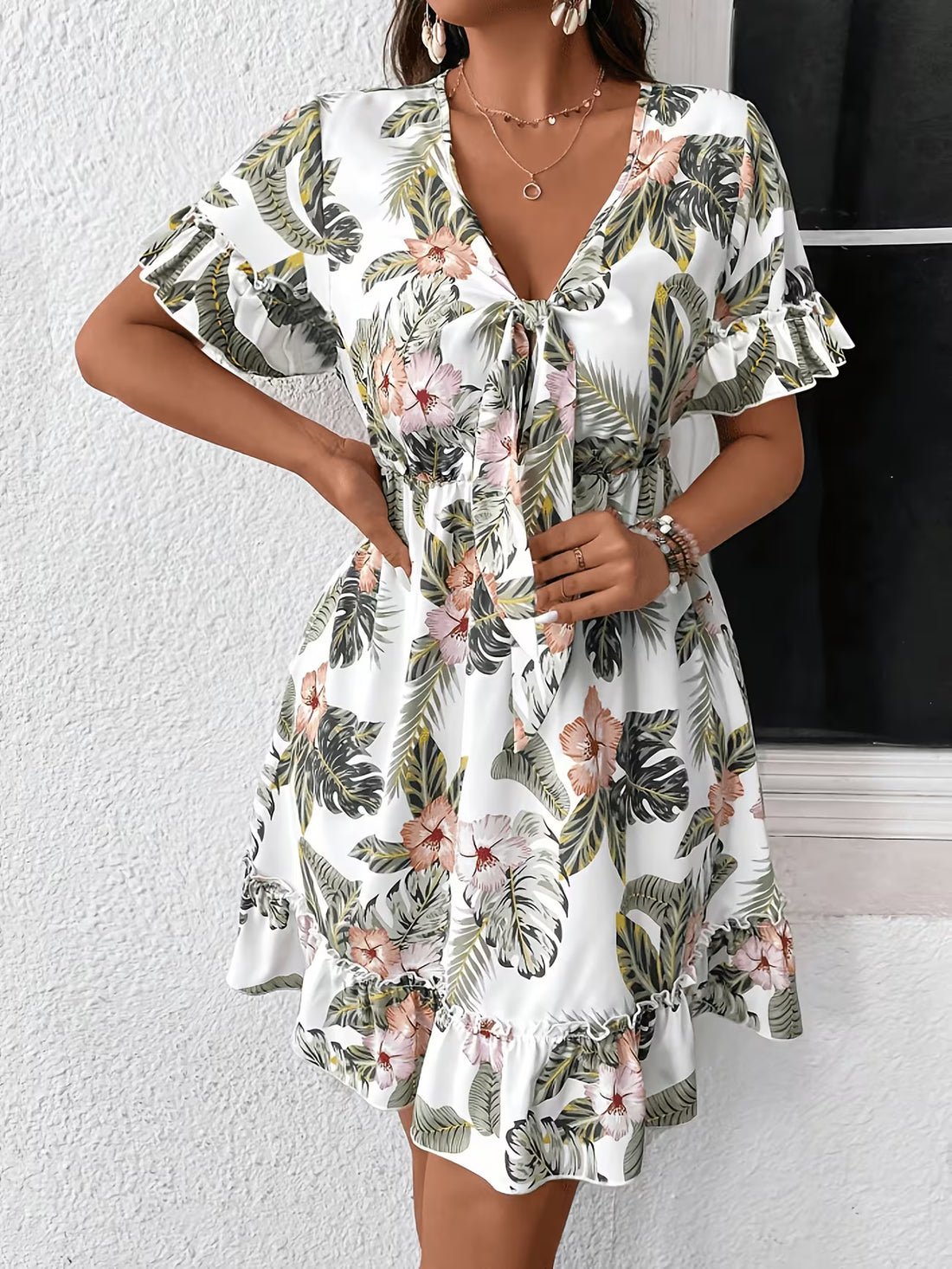 Women's Tropical Print Tie Front Summer Dress